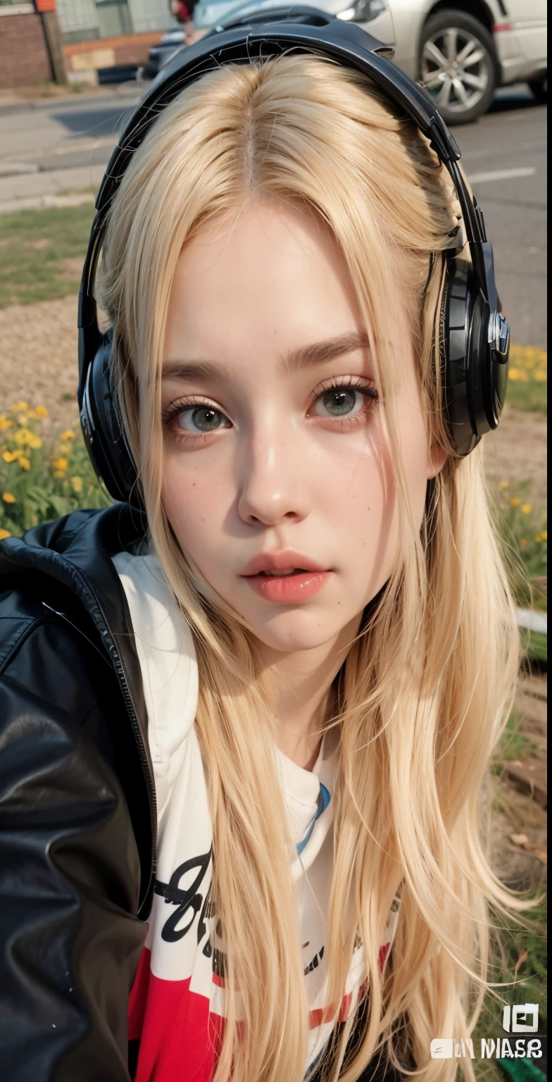 blond woman com fones de ouvido taking a selfie in front of a car, ava max, com fones de ouvido, com fones de ouvido, garota de cabelos brancos perfeita, her hair is white, Loish e Ross Tran, face like exposed ester, Kailee Mandel, retrato de Kim Petras, cabelo loiro e olhos grandes, anime vibes, Uma garota com cabelo loiro, Ele concorda
