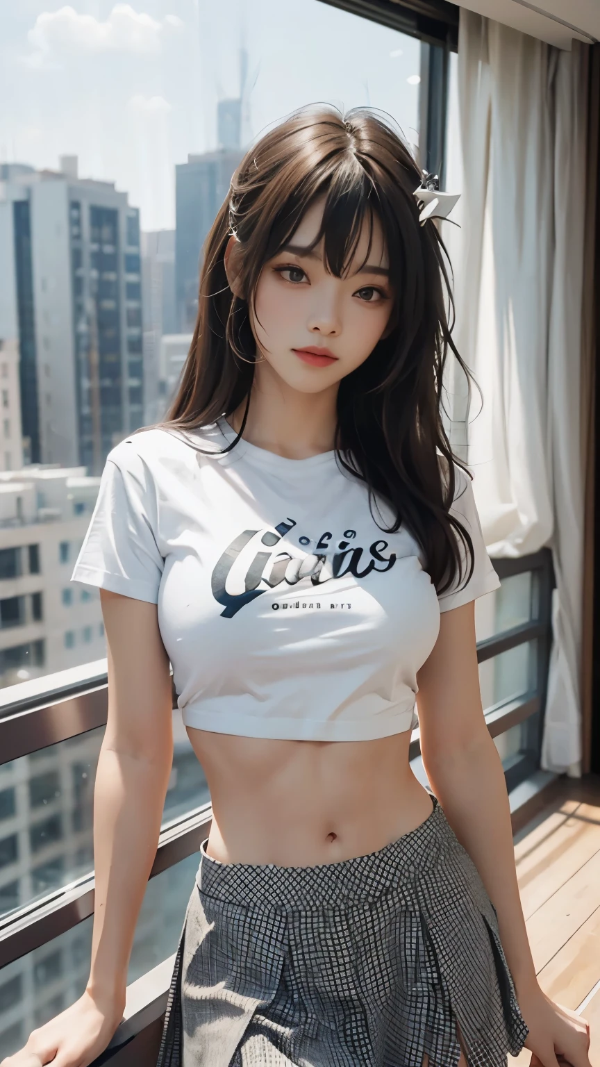hair bang, skin pores, shining skin, ideal tits, t-shirts with text printed, abs stomach, weiss, skirt, in balcony, room background, low view, lovely, beautiful