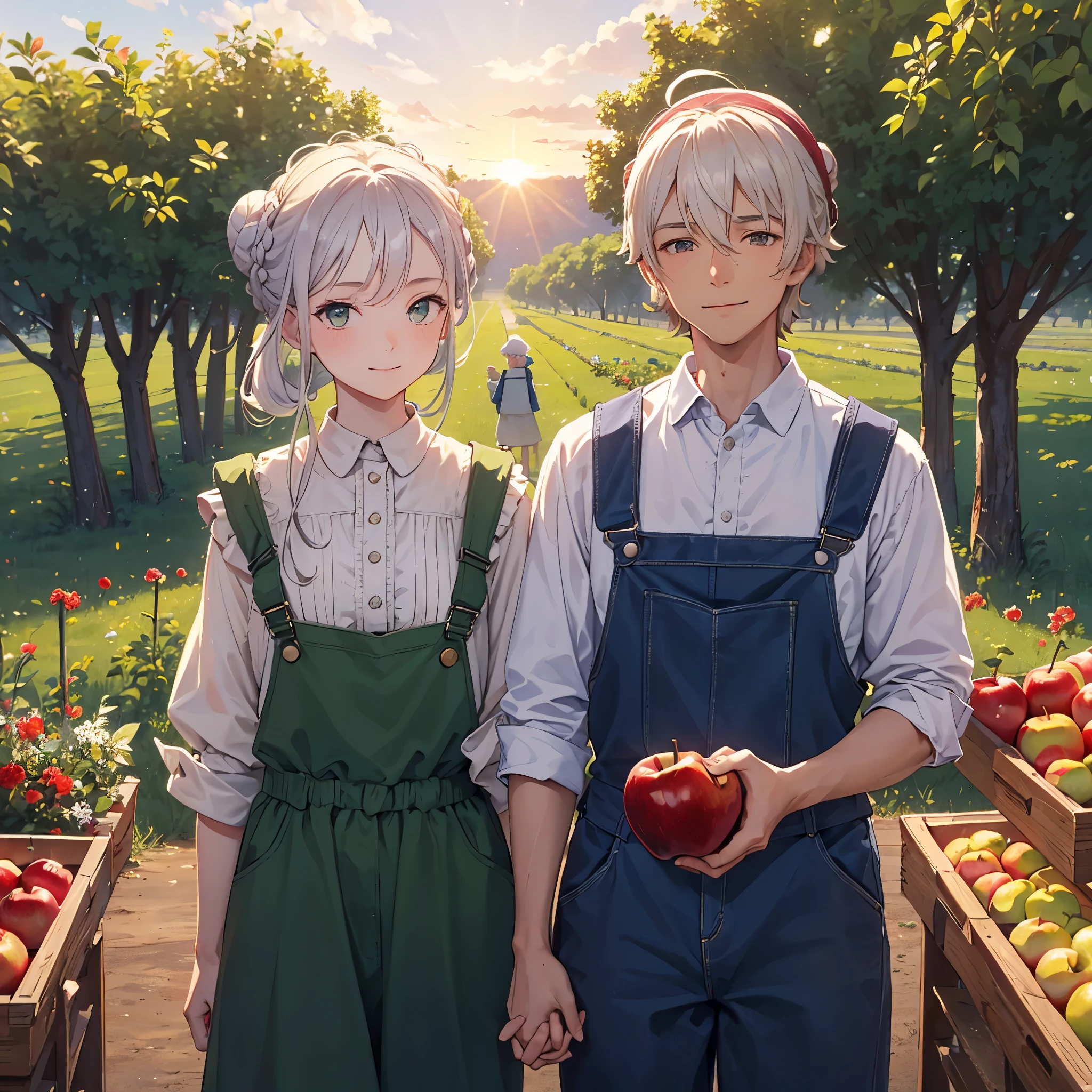 (masterpiece, best quality), best resolution, old couple, height difference, apple farmers, man and woman in mid 70s, white hair, man has (green eyes, blue overalls, straw hat), woman has (bun hairdo, brown eyes, maroon shirt, white apron), smiling, apple orchard at sunset