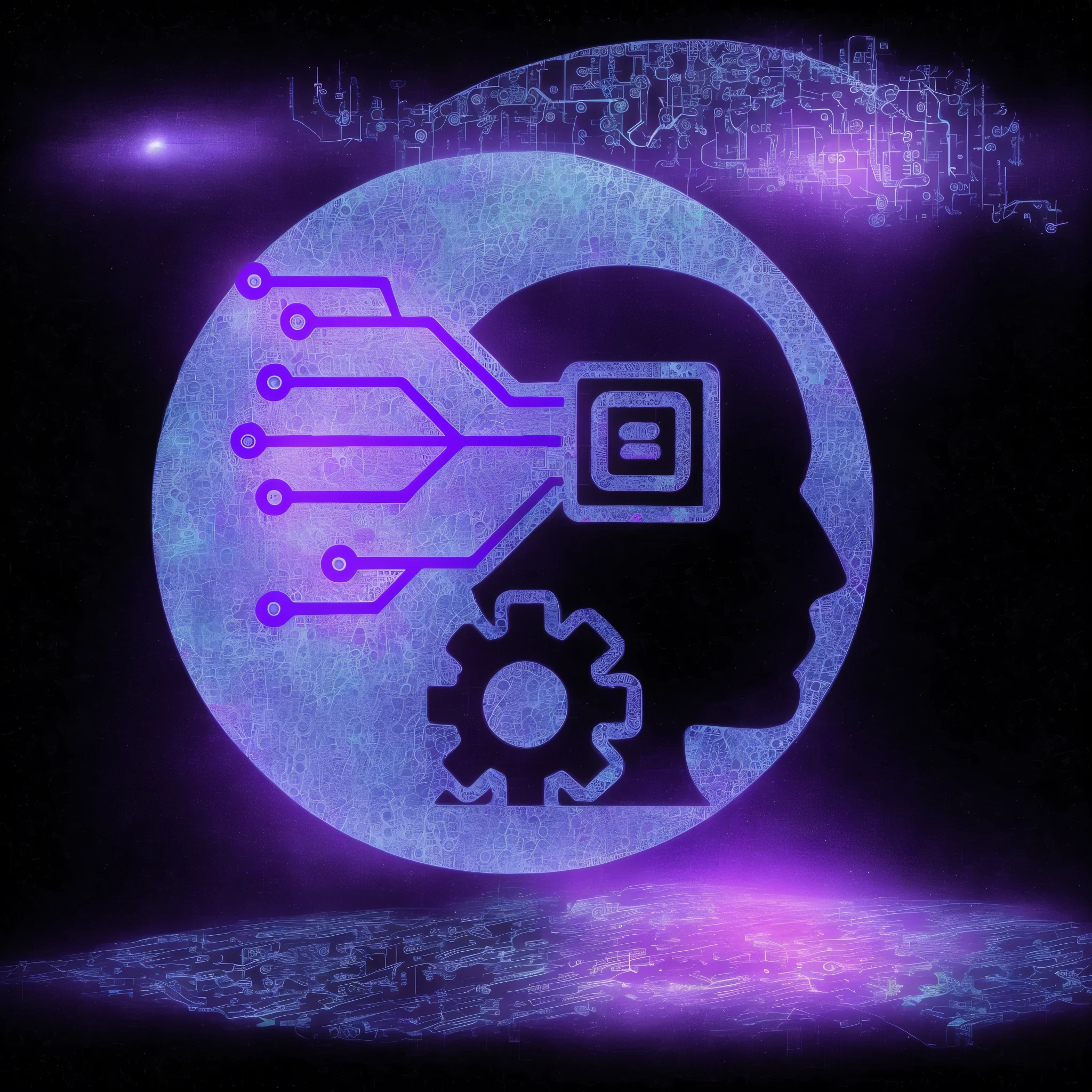 DARK PURPLE There is a picture of a person with a head with a circuit on it, Icon for an AI application, artificial intelligence logo, com tema ai, artificial intelligence, neuromorphic chip, infinite collaboration with AI, COR ROXA, strong artificial intelligence, Retrato de uma IA, visible circuit in the head, technological, a CPU with a human brain, Tecnologia, machine learning, artificial intelligence machine