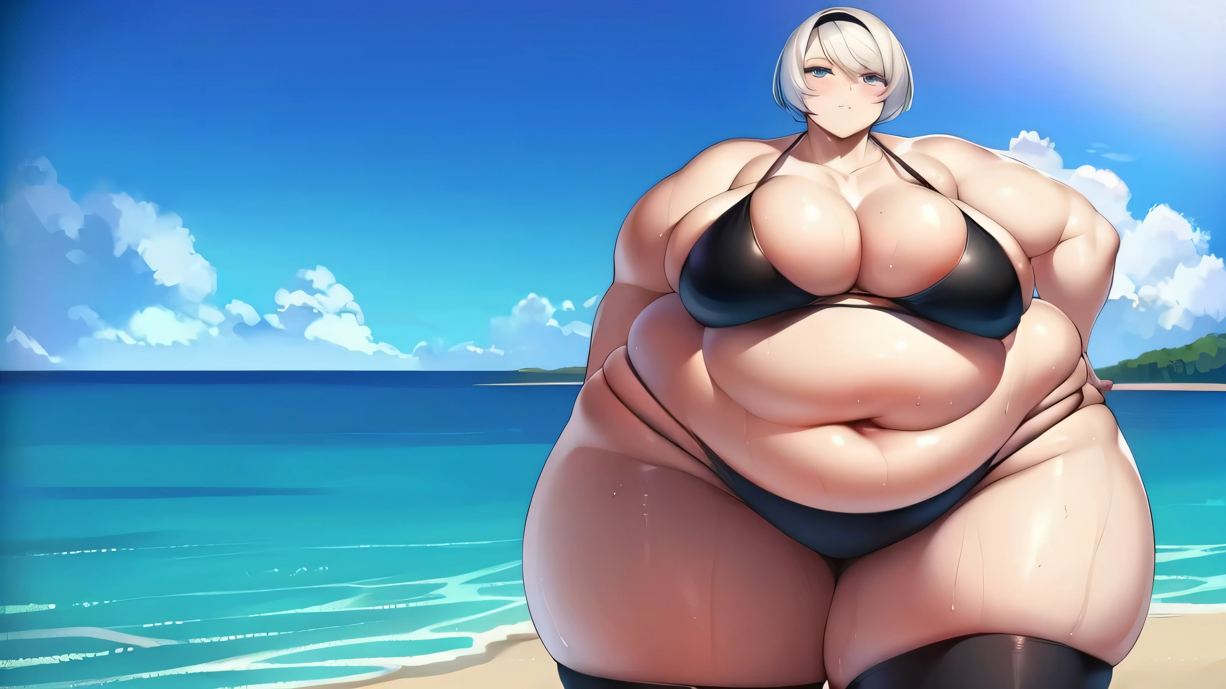 1 garota, 2b, nier automaton, small black bikini, neutral expression, obeso, barriga enorme, coxas gordas, Seios rechonchudos, entrando em um restaurante em uma praia muito ensolarada, abrindo a porta da frente, detalhado, detalhado face, pele brilhante, pele molhada, anatomia perfeita