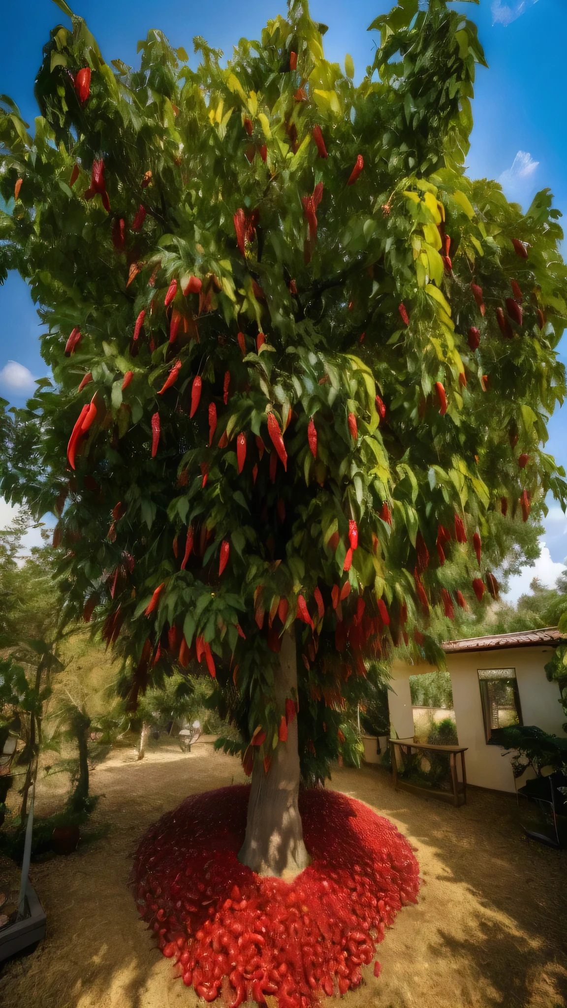 Tree with red peppers growing in the garden, a beautiful tree, with fruit trees, huge cherry blossom tree, Huge flame fantasy plant, money tree, Large cornice, ❤🔥🍄🌪, tawa trees, stunningly beautiful trees, stunningly beautiful trees, Bucholokia, author:Carl Walker, strange tree
