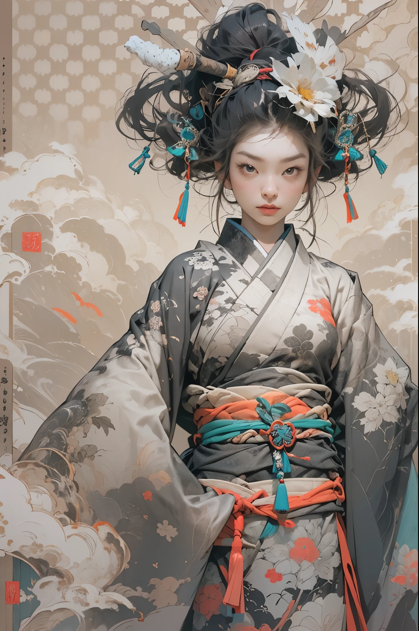 Umalinda warrior sexy, pretty face, Delicious Company, Alluring figure, Wearing a sexy open kimono. The artwork is created in a medium reminiscent of Japanese ink paintings....., 具有大胆的笔触和Monochromatic color palette. artist'Masterful technique reveals the intensity and power of the image'sense of presence,with the highest quality, Perfectly capture every detail with ultra-high resolution. Textures and intricate patterns on kimonos are rendered with extreme precision. Lighting is carefully designed,Enhance drama, Features deep shadows and subtle highlights. General, The artwork exudes elegance and power, Combining traditional Japanese aesthetics with a modern feel. Monochromatic color palette, Combine details, Create captivating and immersive experiences for your audience.