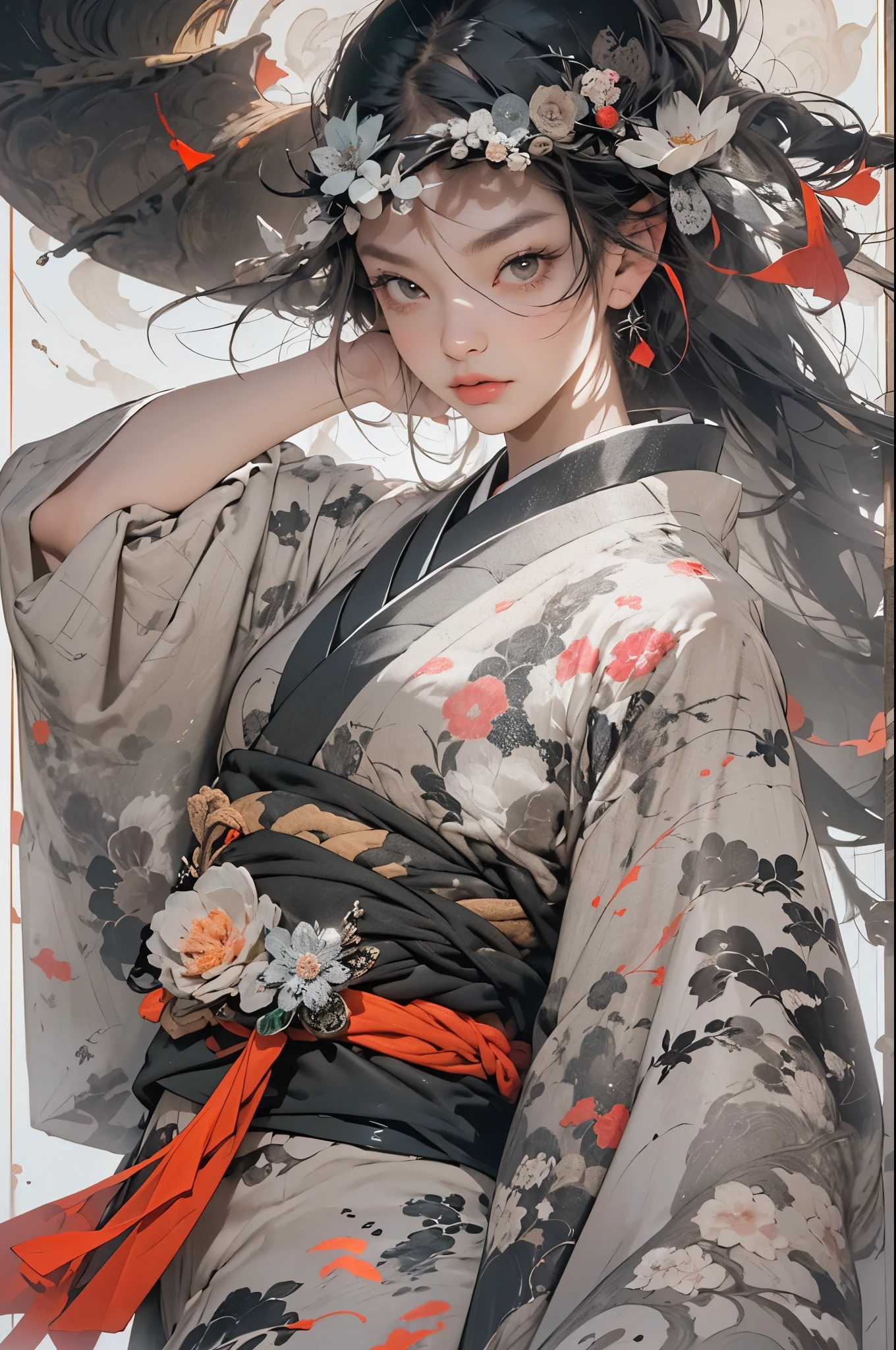 Umalinda warrior sexy, pretty face, Delicious Company, Alluring figure, Wearing a sexy open kimono. The artwork is created in a medium reminiscent of Japanese ink paintings....., 具有大胆的笔触和Monochromatic color palette. artist&#39;Masterful technique reveals the intensity and power of the image&#39;sense of presence，with the highest quality, Perfectly capture every detail with ultra-high resolution. Textures and intricate patterns on kimonos are rendered with extreme precision. Lighting is carefully designed，Enhance drama, Features deep shadows and subtle highlights. General, The artwork exudes elegance and power, Combining traditional Japanese aesthetics with a modern feel. Monochromatic color palette, Combine details, Create captivating and immersive experiences for your audience.