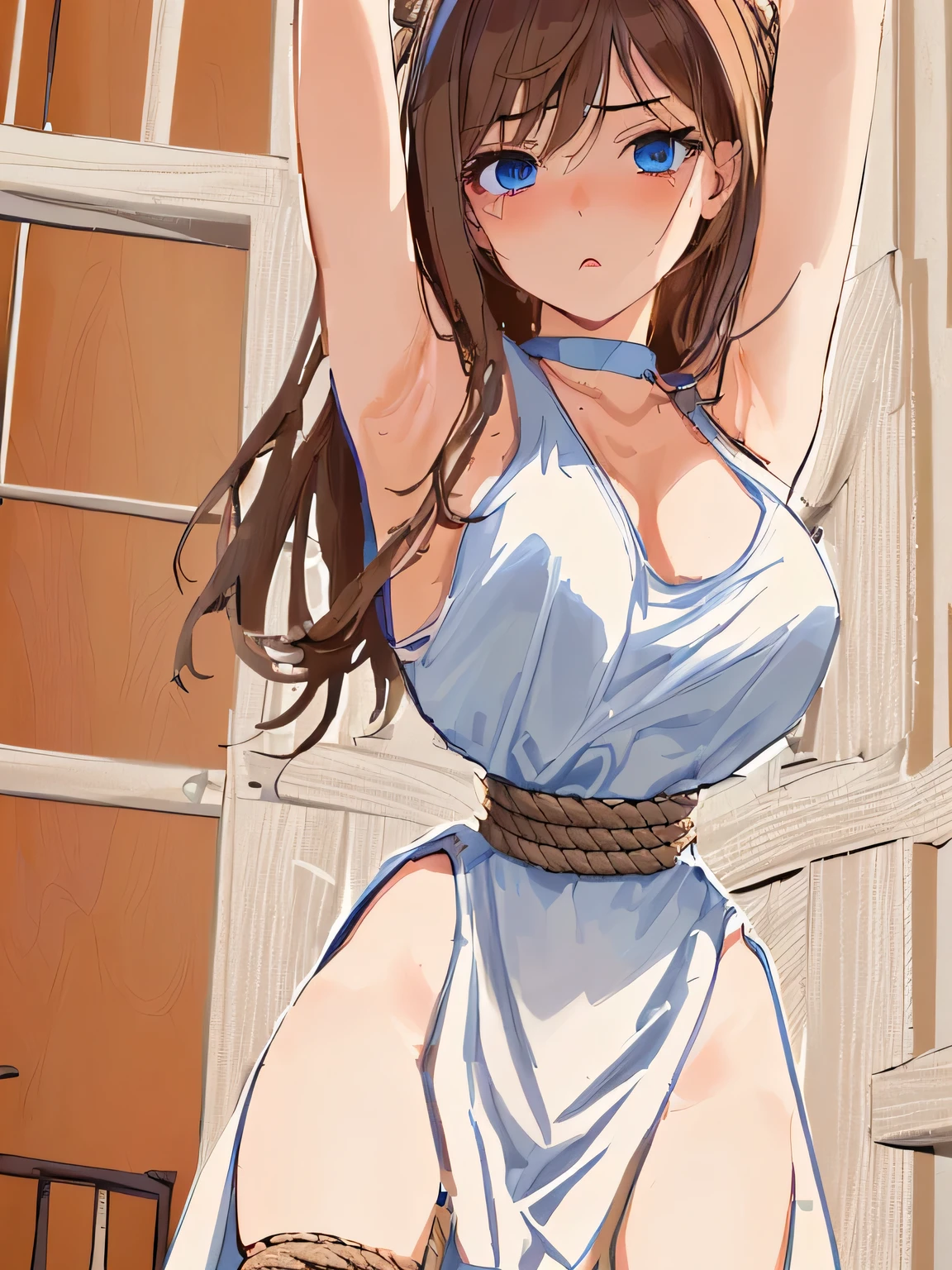 ((masterpiece)), ((highest quality)), (super detailed), torture chamber,(((Waist bound tightly with rope))),pretty girl, 1 girl, alone,white tank top one piece dress,beautiful brown hair, (beautiful blue eyes), long hair, expression of agony