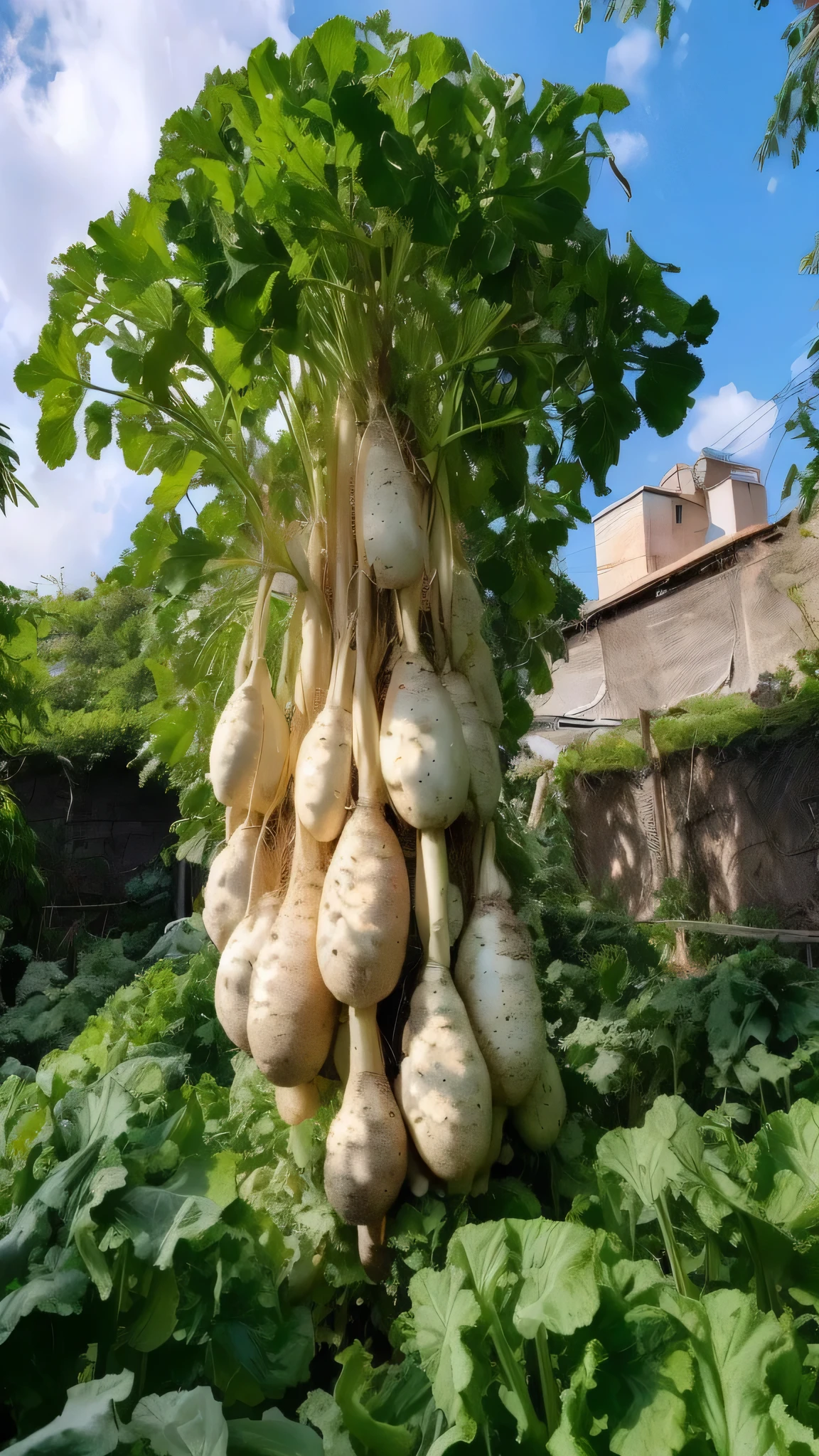 Close-up of a pile of vegetables hanging on a tree, all growing in a huge, carroty hair, gourds, she is a gourd, view from below, Lush and fertile, Photos of girls smoking, Careful and gorgeous growth, gourd, โค๐ฅ๐๐ช, human onion hybrid