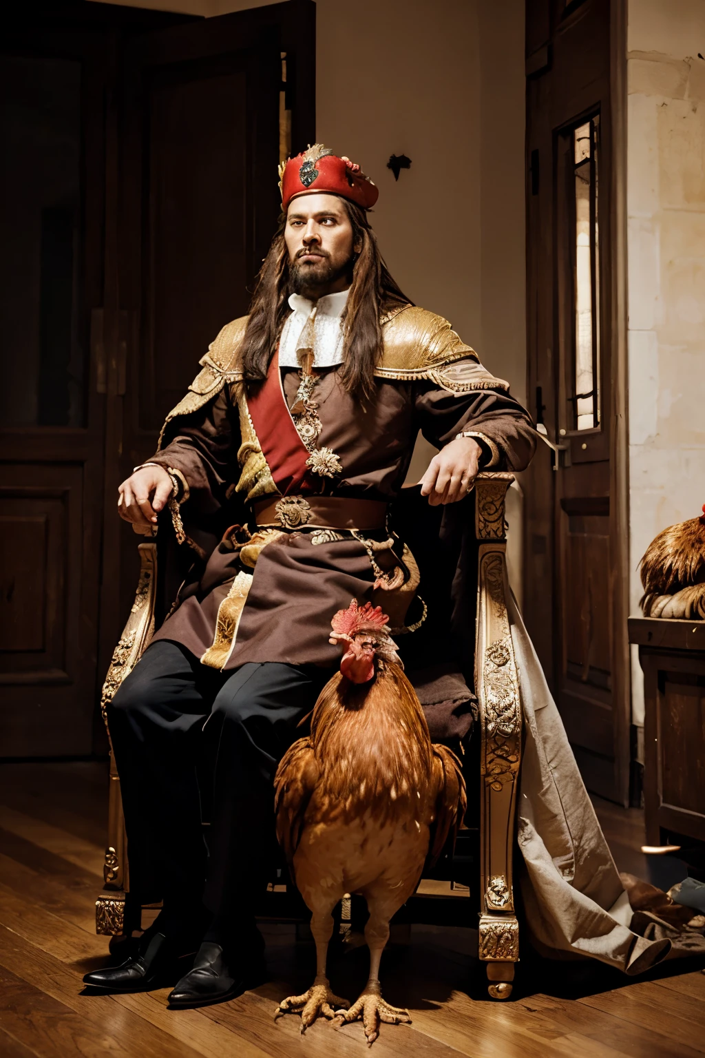 Create an image of a king and a rooster