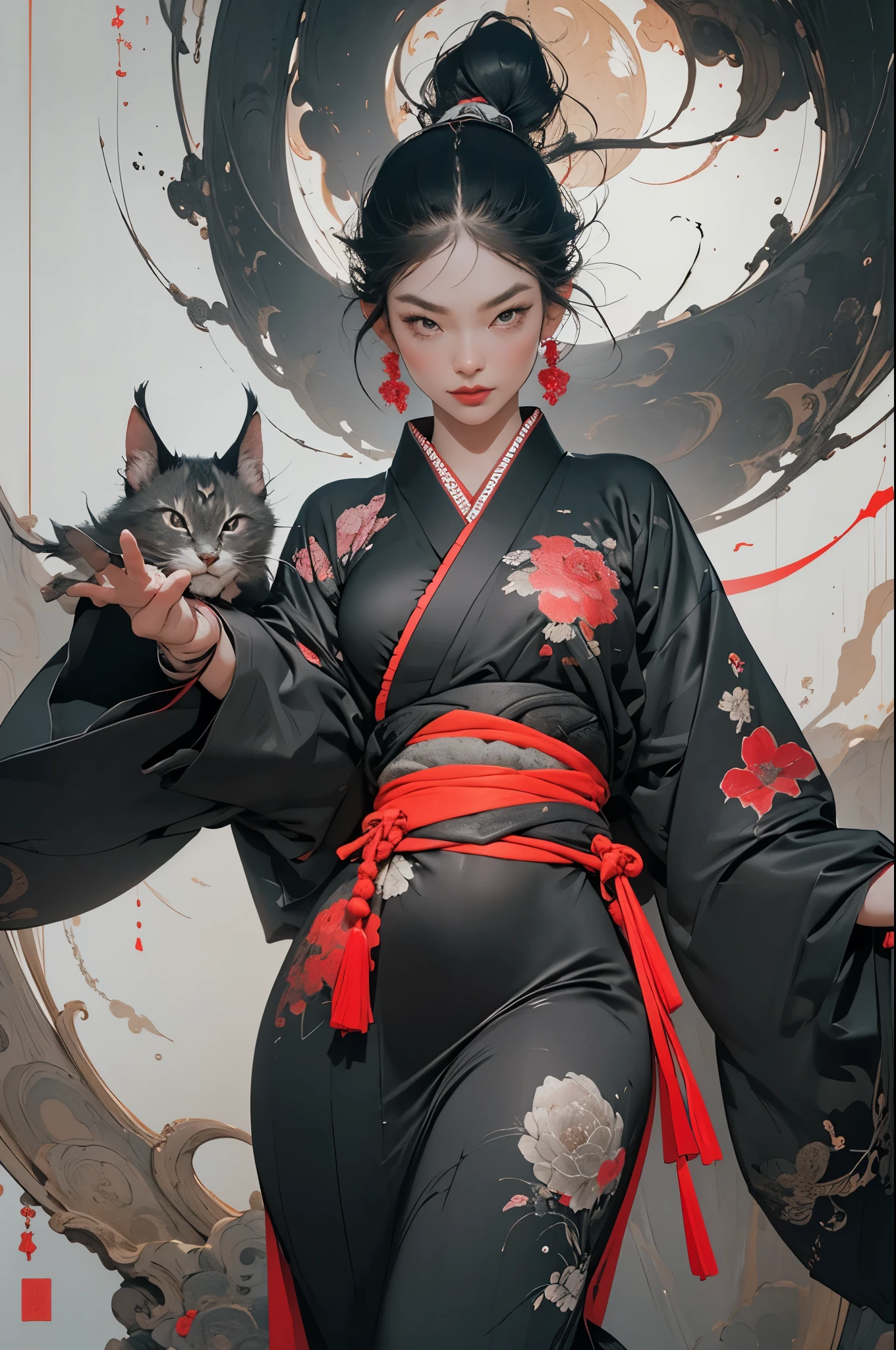 Umalinda warrior sexy, pretty face, Delicious Company, Alluring figure, Wearing a sexy open kimono. The artwork is created in a medium reminiscent of Japanese ink paintings....., 具有大胆的笔触和Monochromatic color palette. artist&#39;Masterful technique reveals the intensity and power of the image&#39;sense of presence，with the highest quality, Perfectly capture every detail with ultra-high resolution. Textures and intricate patterns on kimonos are rendered with extreme precision. Lighting is carefully designed，Enhance drama, Features deep shadows and subtle highlights. General, The artwork exudes elegance and power, Combining traditional Japanese aesthetics with a modern feel. Monochromatic color palette, Combine details, Create captivating and immersive experiences for your audience.