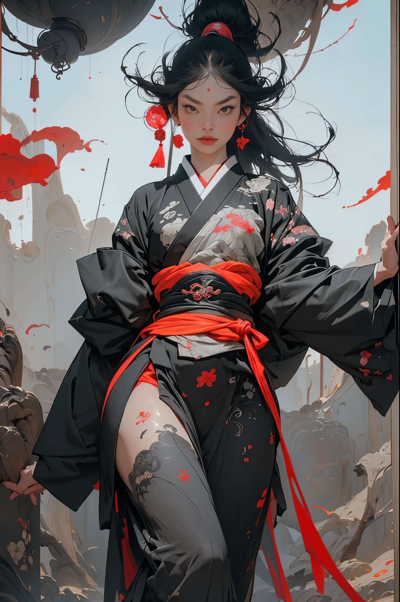 Umalinda warrior sexy, pretty face, Delicious Company, Alluring figure, Wearing a sexy open kimono. The artwork is created in a medium reminiscent of Japanese ink paintings....., 具有大胆的笔触和Monochromatic color palette. artist&#39;Masterful technique reveals the intensity and power of the image&#39;sense of presence，with the highest quality, Perfectly capture every detail with ultra-high resolution. Textures and intricate patterns on kimonos are rendered with extreme precision. Lighting is carefully designed，Enhance drama, Features deep shadows and subtle highlights. General, The artwork exudes elegance and power, Combining traditional Japanese aesthetics with a modern feel. Monochromatic color palette, Combine details, Create captivating and immersive experiences for your audience.