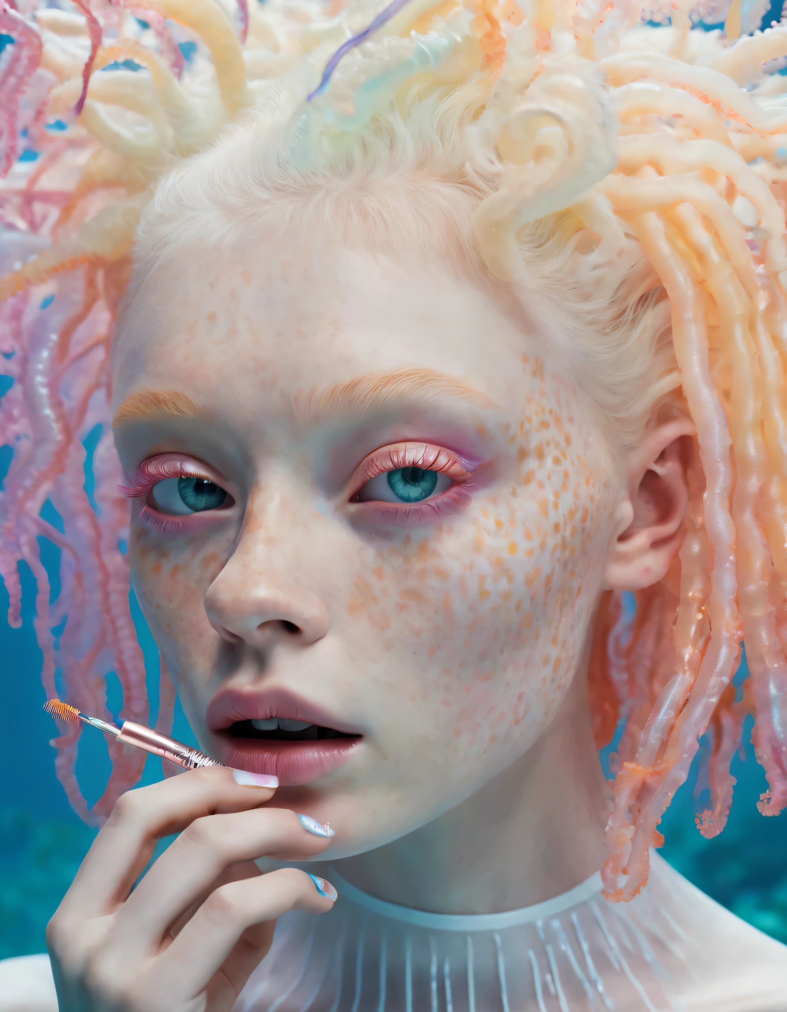 product editorial style of a albino model with Freckles she show a mascara in her hand ,  underwater colorful jellyfish hair, iridescent eyeshadow, oiled skin,  aurora-james,    high fashion, trendy, stylish, editorial, magazine style, professional, highly detailed high saturation