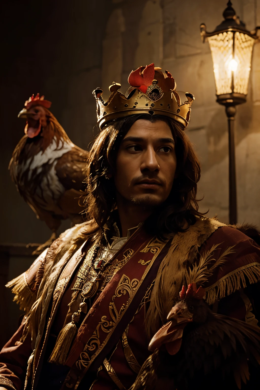 Create an image of a king and a rooster