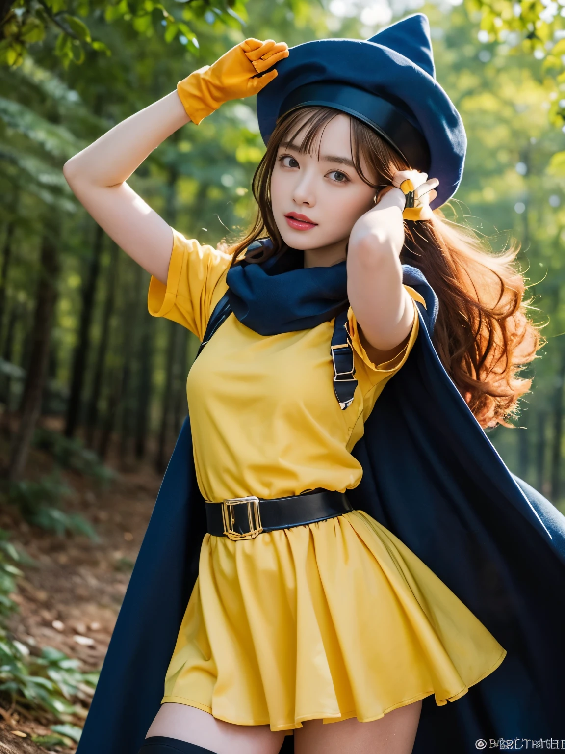 1 girl,alone,DQ4-Arena,Upper body,black pantyhose,blue cloak,blue hat,boots,curly hair,earrings,long hair,orange gloves,orange hair,red eyes,No sleeve,yellow dress,yellow skirt,dynamic pose,small breasts,(shiny,shiny dress:1.1)jumping,V-shaped eyebrows,nice weather in the forest, (masterpiece), (highest quality), (super detailed), intricate detailasterpiece), (highest quality), (super detailed), intricate details,