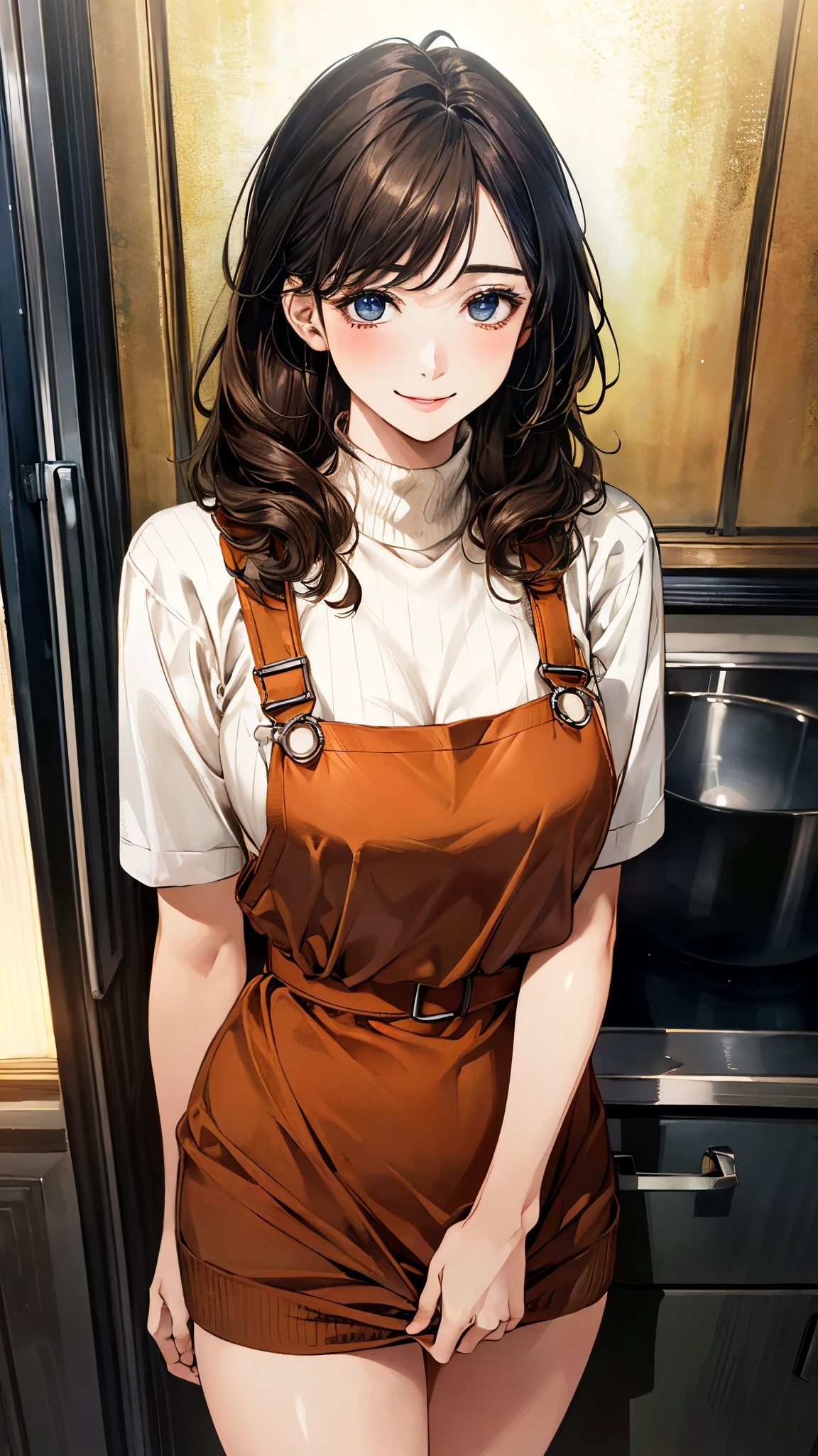 (masterpiece:1.3, top-quality), (realistic, photorealistic:1.4), beautiful illustration, (natural side lighting, movie lighting),
looking down, full body, from below, 1 girl, japanese, (receptionist), 20 years old, perfect face, (perfect anatomy), cute and symmetrical face, shiny skin,
(long hair, half updo, black hair), swept bangs, dark blue eyes, slant eyes, long eye lasher, (large breasts: 0.8, seductive thighs, big ass),
beautiful hair, beautiful face, beautiful detailed eyes, beautiful clavicle, beautiful body, beautiful chest, beautiful thigh, beautiful legs, beautiful fingers,
((insanely detailed clothes, orange apron, light brown high neck sweater, brown curly skirt, belt)),
(beautiful scenery), depth of field, evening, (kitchen), standing, (happy smile),
