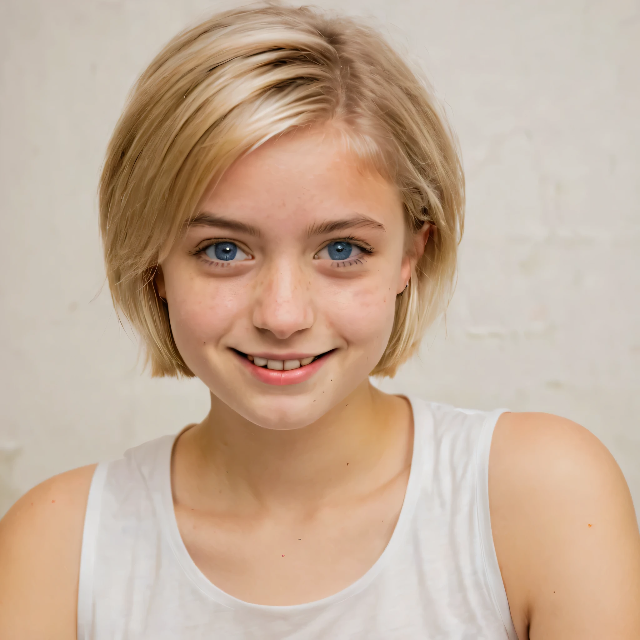 Junge Frau, 18 Jahre alt, Nahaufnahme des Gesichts, vorne paar, little smile, mittelblondes, kurzes Haar, dunkelblaue Augen, white sleeveless t-shirt, white shorts,
