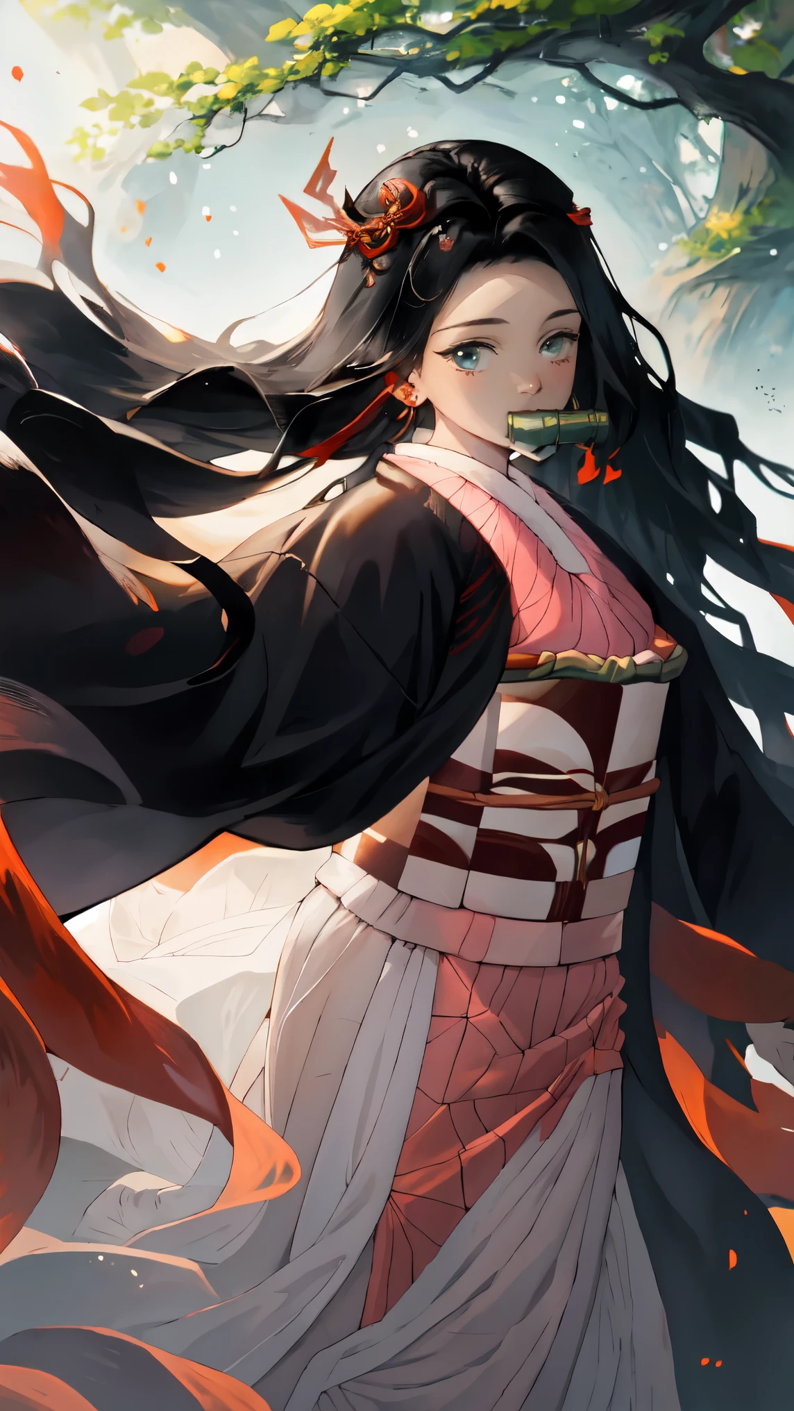 (best quality,4k,8k,highres,masterpiece:1.2),ultra-detailed,beautiful detailed eyes,beautiful detailed lips,extremely detailed eyes and face,longeyelashes,porcelain skin,dainty and delicate appearance,wavy black hair with red and green streaks,meticulously drawn eyebrows,adorable floral hairpin,black and white traditional kimono,faint hint of a smile,innocent yet mysterious gaze,[traditional Japanese style],subtle warm color scheme,soft natural lighting，Holding a bamboo stick in his mouth