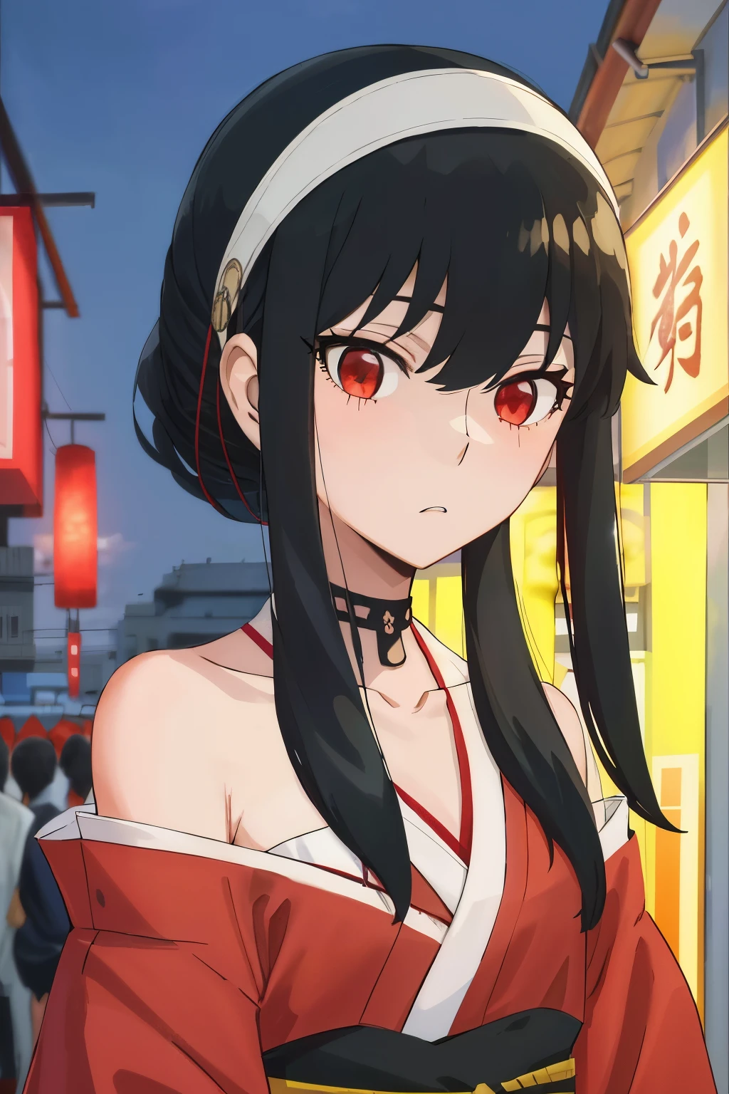 upper body, yor, 1girl, solo, collarbone, black hair, red eyes, black hair, short hair, short hair with long locks, bangs, sidelocks, white hairband, looking at viewer,summer festival, night, kimono, small girl