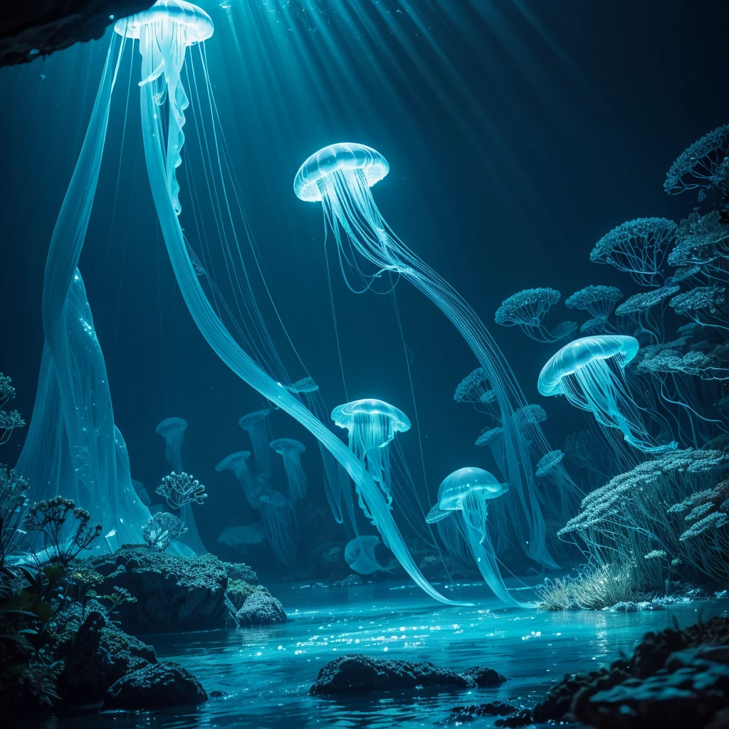 best quality,realistic,ultra-detailed,jellyfish swimming in the deep ocean,bioluminescent jellyfish glowing in the dark,transparent gelatinous bodies,graceful tentacles flowing in the water,currents creating elegant movements,shimmering colors reflecting off their bodies,underwater scene full of vibrant marine life,ethereal underwater lighting,sparkling bubbles surrounding the jellyfish,bioluminescent plankton illuminating the surroundings,undulating motion of the jellyfish,tangling and untangling of the tentacles,jellyfish pulsating and changing shape,majestic presence of the jellyfish in the water,peaceful and serene atmosphere,subtle play of light and shadow,otherworldly beauty of the jellyfish,elaborate patterns and designs on their bodies,dreamlike and surreal ambiance,calm and meditative mood,evoking a sense of wonder and awe,nature's artwork come to life.