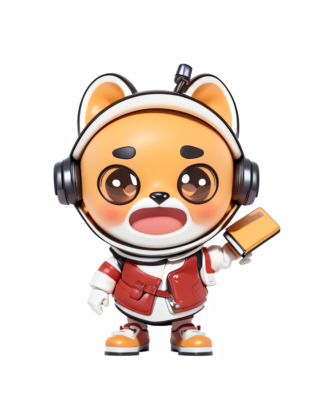 Blind box toy style,Lovely IP image,wearing white clothes,There is a red vest outside the white clothes,Wearing a small white helmet,holding a small book in hand