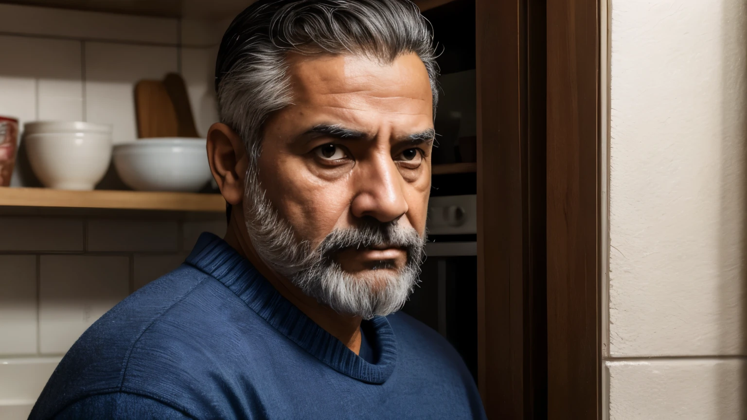 Ultra realistic portrait of a man in his 50s, called Fabián Martínez, in the kitchen of his small apartment. Fabián has a medium build, cabello corto despeinado, several days beard, y ojos llorosos. Esta llorando. Wear comfortable casual clothes, possibly a sweater. His gaze is lost, reflejando ansiedad y miedo ante el futuro incierto. Formato ancho.