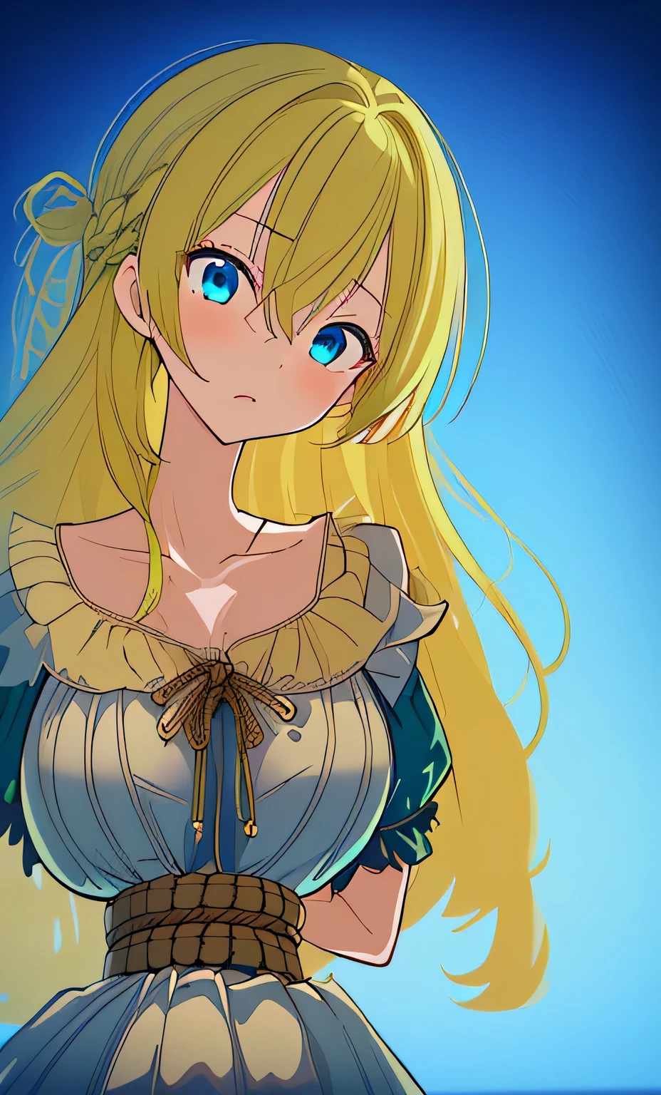 ((masterpiece)), ((highest quality)), (super detailed), torture chamber,(((Waist bound tightly with rope))),pretty girl, 1 girl, alone,green ruffle one piece dress,beautiful blonde hair, (beautiful blue eyes), long hair, expression of agony