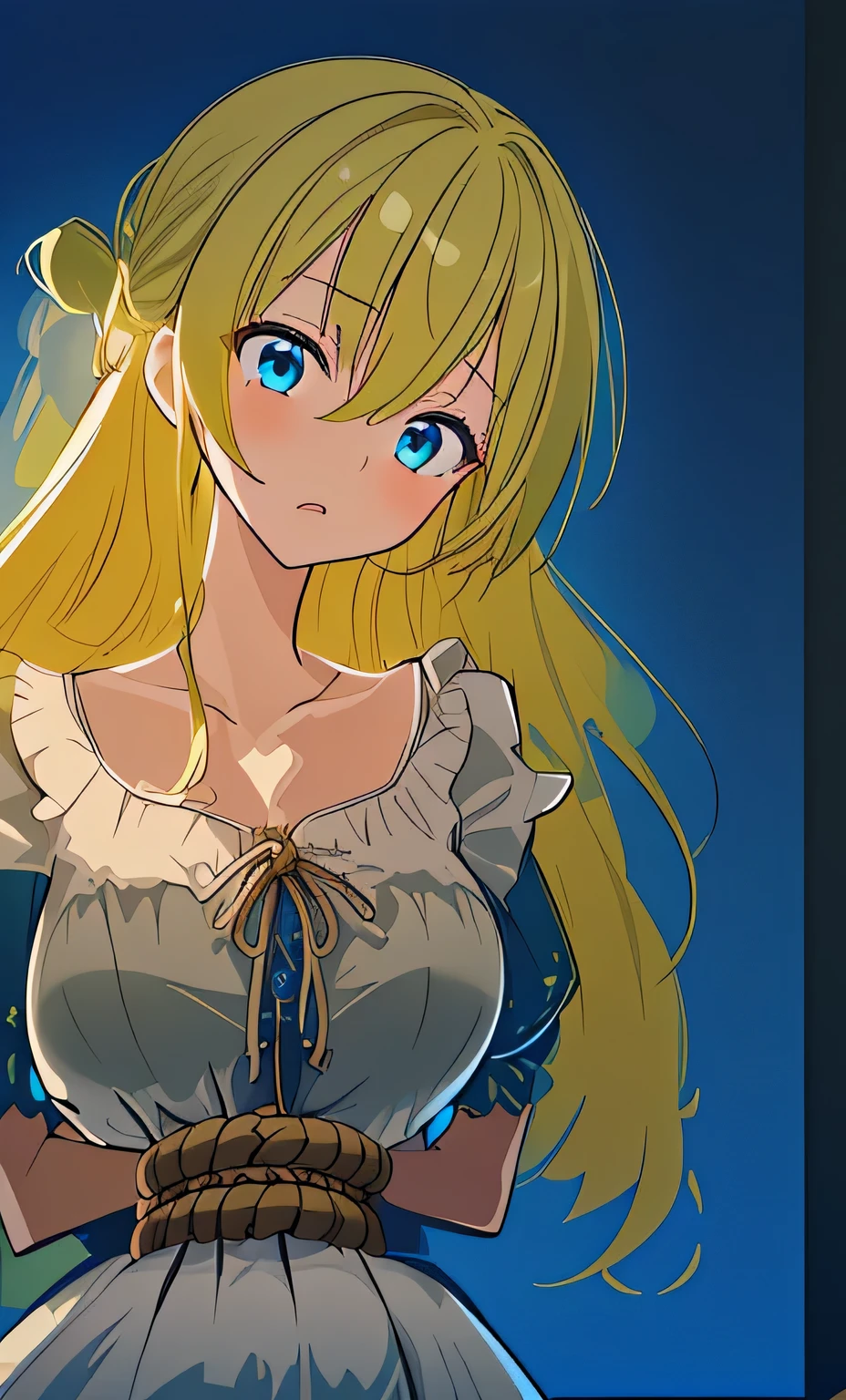 ((masterpiece)), ((highest quality)), (super detailed), torture chamber,(((Waist bound tightly with rope))),pretty girl, 1 girl, alone,green ruffle one piece dress,beautiful blonde hair, (beautiful blue eyes), long hair, expression of agony