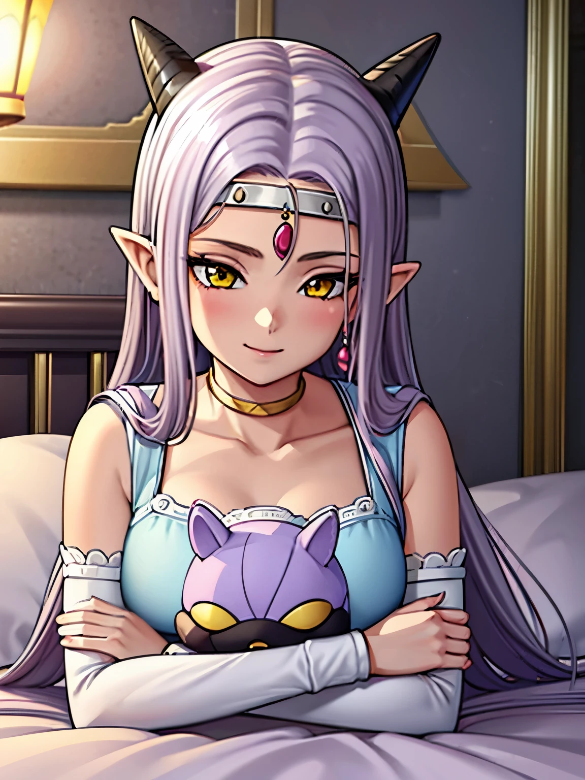 1girl, large breasts, (long hair, purple hair, yellow eyes, pointy ears, horns, circlet, earrings, choker), detailed lace pajamas, sit, happy, smile, (hugging a stuffed toy, white horse), on the bed, bed room, (heart background), masterpiece, high quality, best quality, beautiful, hd, perfect lighting, detailed face, detailed body, masterpiece, best quality, intricate details, 8k uhd, perfect face, perfect eyes