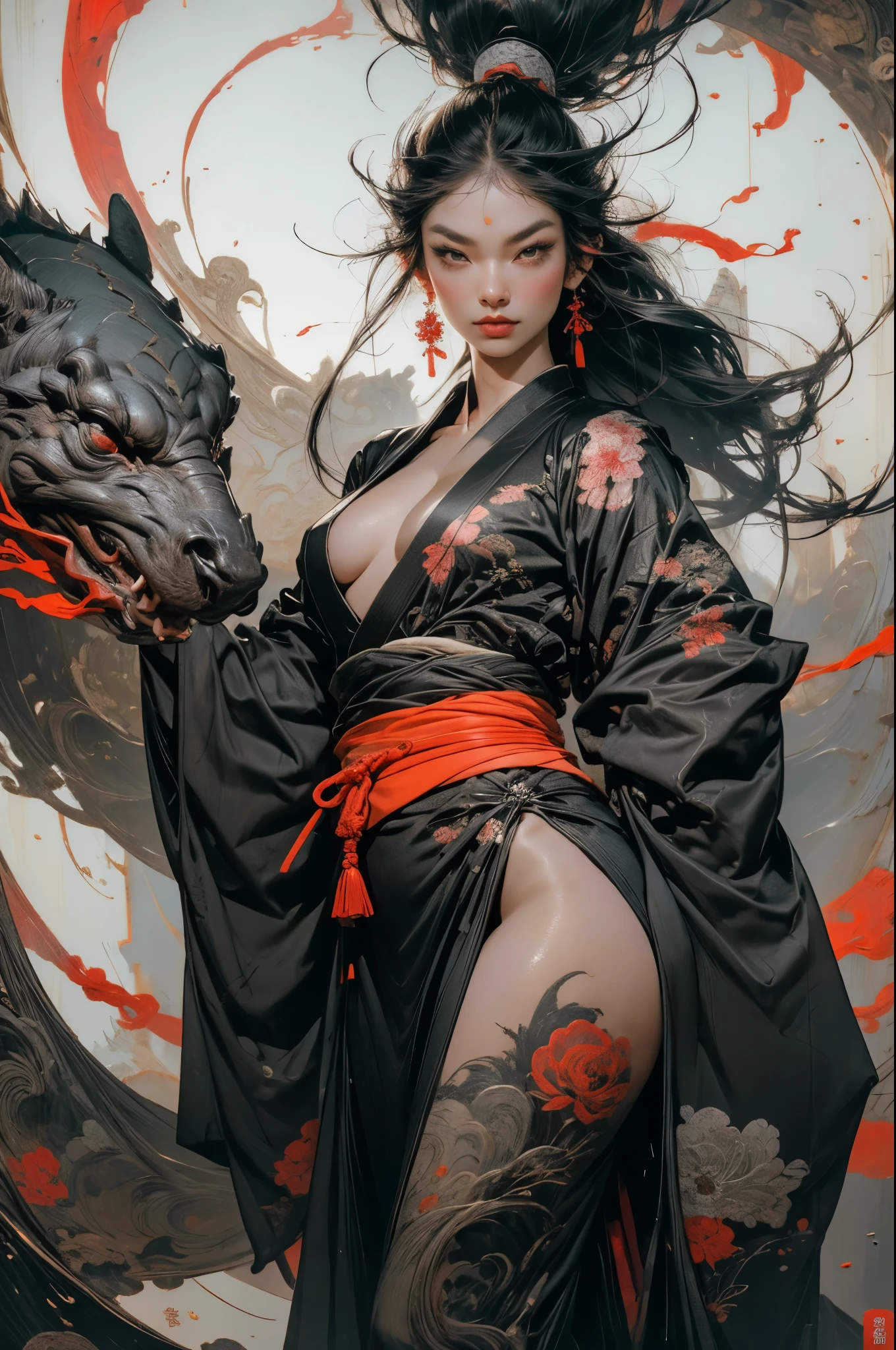 Umalinda warrior sexy, pretty face, Delicious Company, Alluring figure, Wearing a sexy open kimono. The artwork is created in a medium reminiscent of Japanese ink paintings....., 具有大胆的笔触和Monochromatic color palette. artist&#39;Masterful technique reveals the intensity and power of the image&#39;sense of presence，with the highest quality, Perfectly capture every detail with ultra-high resolution. Textures and intricate patterns on kimonos are rendered with extreme precision. Lighting is carefully designed，Enhance drama, Features deep shadows and subtle highlights. General, The artwork exudes elegance and power, Combining traditional Japanese aesthetics with a modern feel. Monochromatic color palette, Combine details, Create captivating and immersive experiences for your audience.