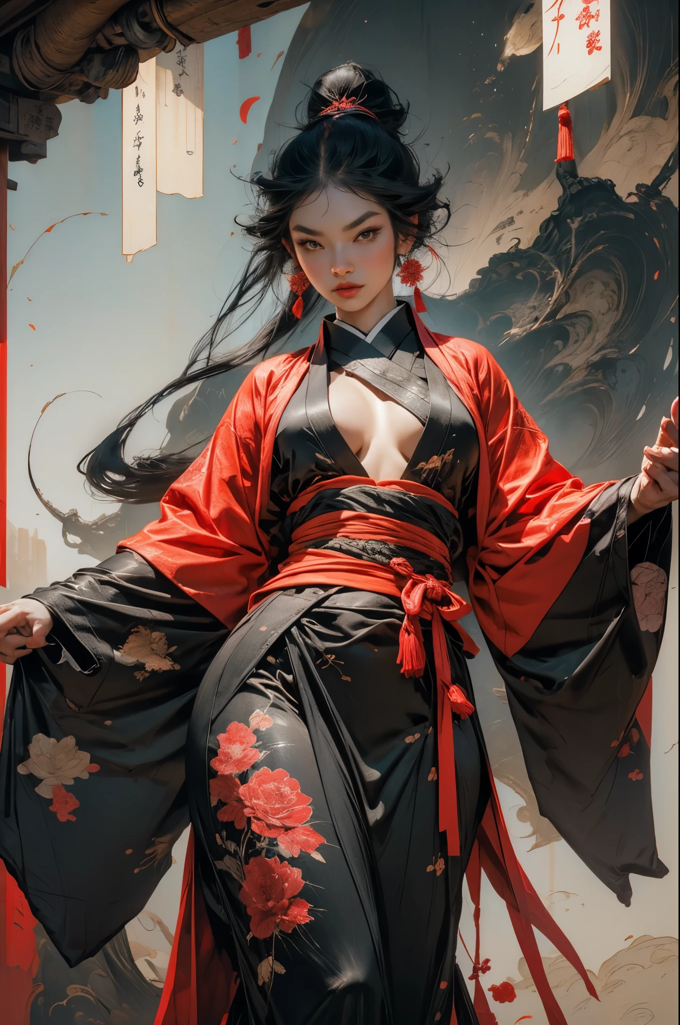 Umalinda warrior sexy, pretty face, Delicious Company, Alluring figure, Wearing a sexy open kimono. The artwork is created in a medium reminiscent of Japanese ink paintings....., 具有大胆的笔触和Monochromatic color palette. artist&#39;Masterful technique reveals the intensity and power of the image&#39;sense of presence，with the highest quality, Perfectly capture every detail with ultra-high resolution. Textures and intricate patterns on kimonos are rendered with extreme precision. Lighting is carefully designed，Enhance drama, Features deep shadows and subtle highlights. General, The artwork exudes elegance and power, Combining traditional Japanese aesthetics with a modern feel. Monochromatic color palette, Combine details, Create captivating and immersive experiences for your audience.