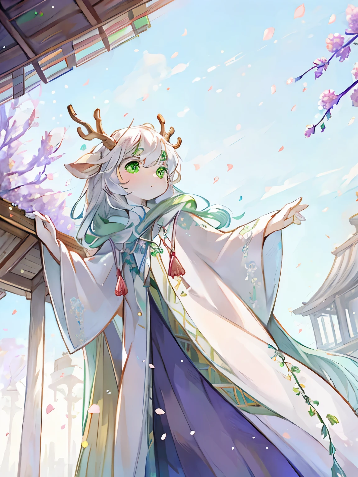 a white deer,white robe,green decoration,Green pupils,shawl,blue sky,pavilion,Wisteria rose,falling petals,坐在一处pavilion,crystal pupil,antlers,Crystal pupils,Look up at the sky,Clear face