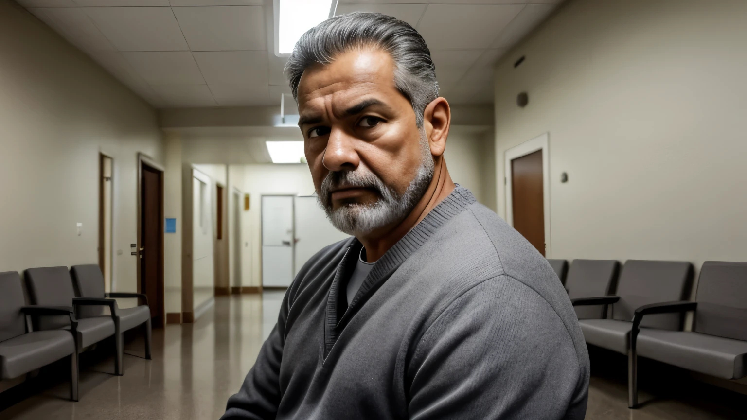 Ultra realistic portrait of a man in his 50s, called Fabián Martínez, in a hospital oncology waiting room. Fabián has a medium build, cabello corto despeinado, several days beard, and eyes full of worry. Wear comfortable casual clothes, possibly a sweater. His gaze is lost, reflejando ansiedad y miedo ante el futuro incierto. The background captures the sterile gray walls. Formato ancho.