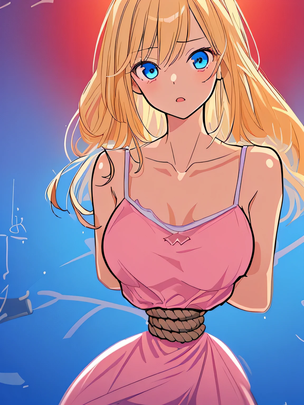 ((masterpiece)), ((highest quality)), (super detailed), torture chamber,(((Waist bound tightly with rope))),pretty girl, 1 girl, alone,pink tank top one piece dress,beautiful blonde hair, (beautiful blue eyes), long hair, expression of agony