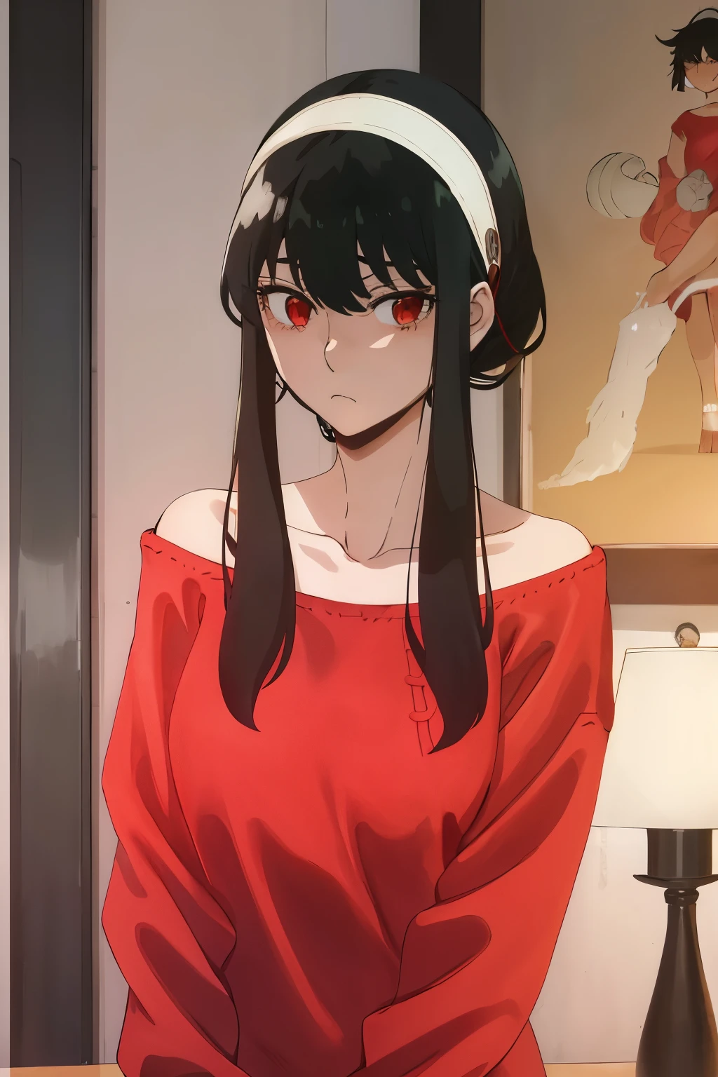 upper body, yor, 1girl, solo, off-shoulder sweater, red sweater, collarbone, black hair, red eyes, black hair, short hair, short hair with long locks, bangs, sidelocks, white hairband, looking at viewer, ssunndy days, sun, emotionless