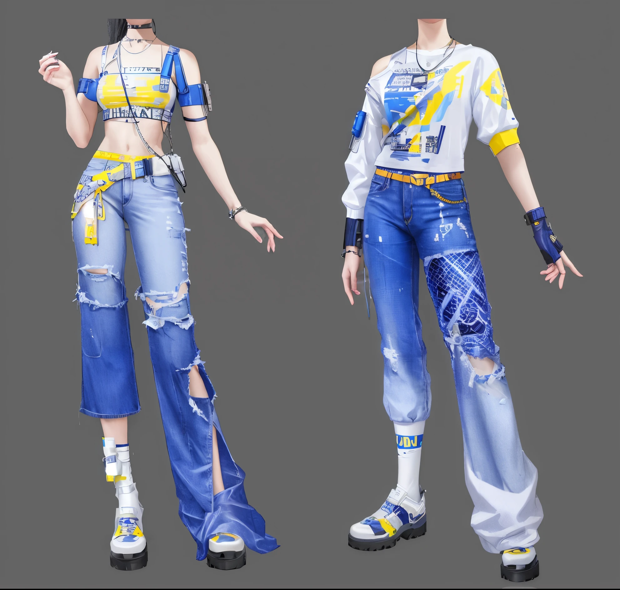 Woman in blue and white dress has two different views, Moon themed clothing, cyberpunk clothing, cyberpunk style 2 0 7 7, Costume design, Style Games Square Enix, realistic clothing, blue jeans. Unreal 5, cyberpunk clothing, cyberpunk style, Cyberpunk fashion clothing, Popular topics on cgstation, Cyberpunk fashion clothing, cyberpunk streetwear, Keda