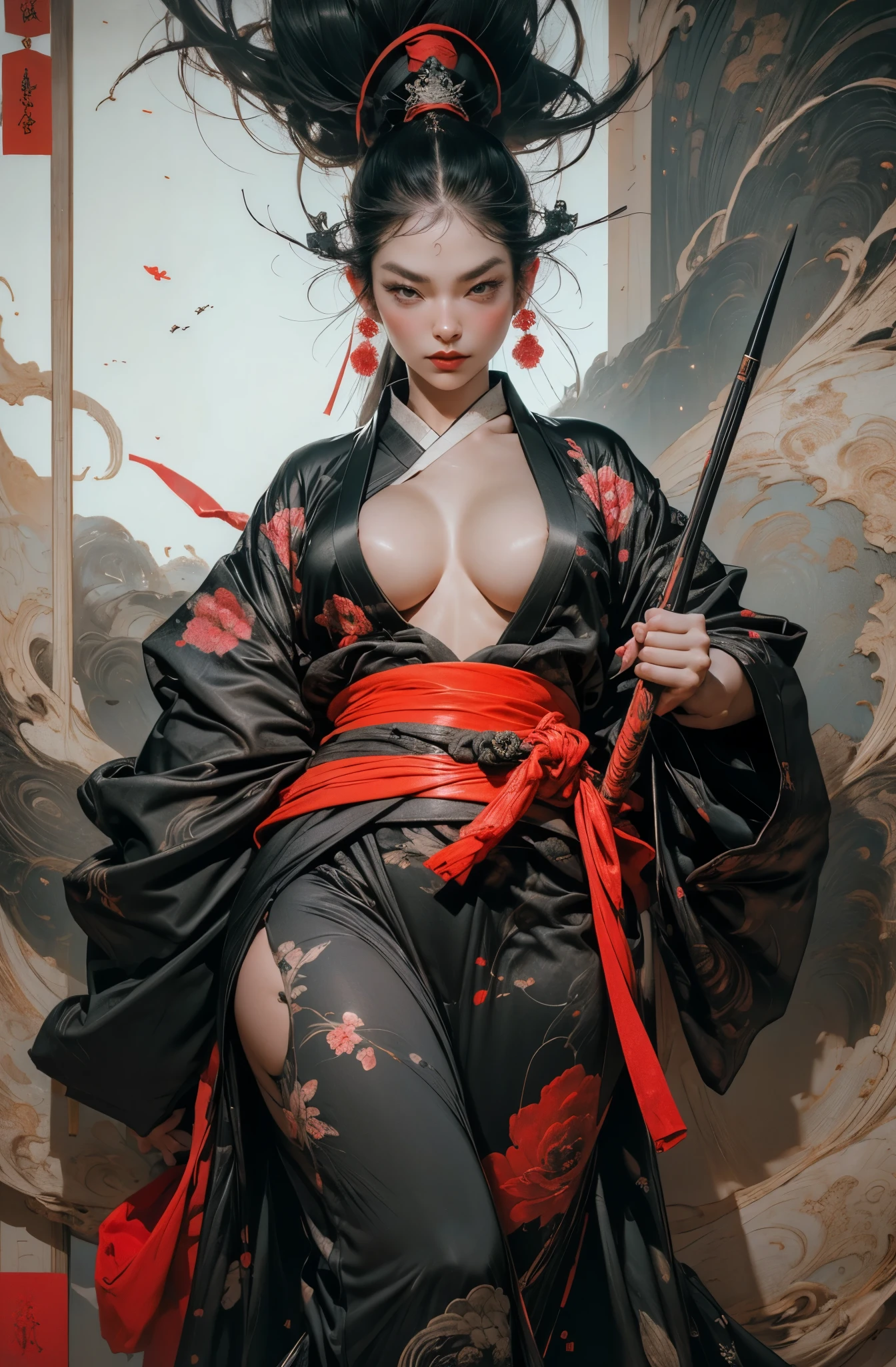 Umalinda warrior sexy, pretty face, Delicious Company, Alluring figure, Wearing a sexy open kimono. The artwork is created in a medium reminiscent of Japanese ink paintings....., 具有大胆的笔触和Monochromatic color palette. artist'Masterful technique reveals the intensity and power of the image'sense of presence,with the highest quality, Perfectly capture every detail with ultra-high resolution. Textures and intricate patterns on kimonos are rendered with extreme precision. Lighting is carefully designed,Enhance drama, Features deep shadows and subtle highlights. General, The artwork exudes elegance and power, Combining traditional Japanese aesthetics with a modern feel. Monochromatic color palette, Combine details, Create captivating and immersive experiences for your audience.