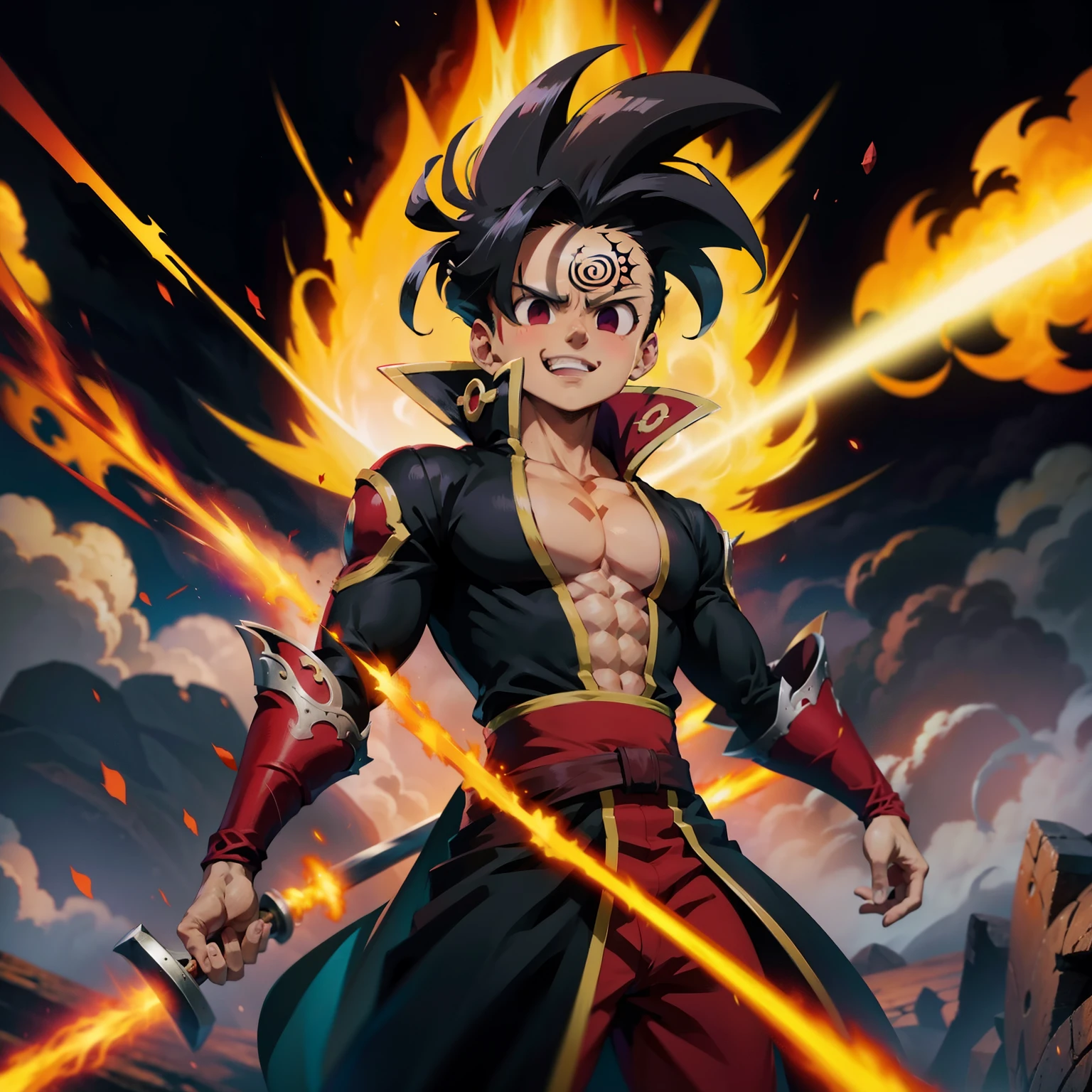 Zeldris from Nanatsu no taizai wearing a black robe and a red blindfold with an evil smile on his face with an explosion behind him, solo