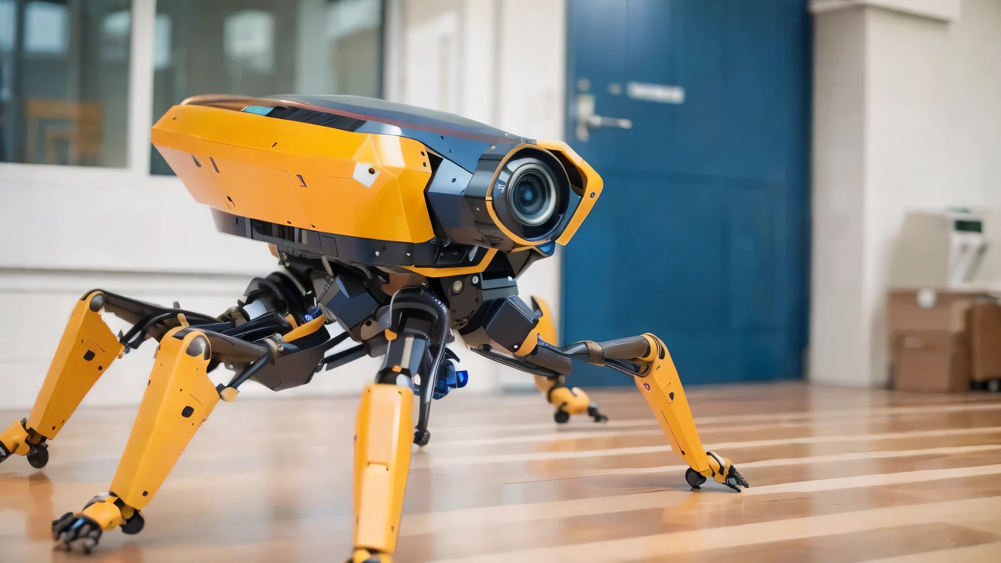 there is a robot that is sitting on the floor, security robots delivery, friendly humanoid insect robot, biped, robotic drones, boston dynamics, sleek robot, robotic, robot in construction, robotic bionic technical, robotics, boston dynamics robots, walking towards the camera, walking with a robot, with unreal engine, humanoide robot, walking towards camera, same design, realistic image, 16k resolution, very detailed image