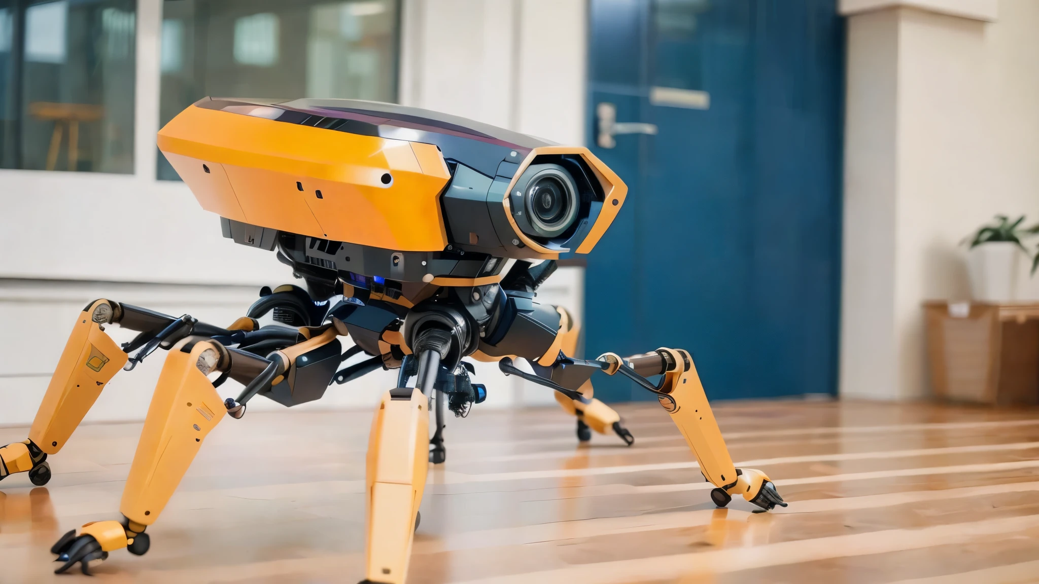 there is a robot that is sitting on the floor, security robots delivery, friendly humanoid insect robot, biped, robotic drones, boston dynamics, sleek robot, robotic, robot in construction, robotic bionic technical, robotics, boston dynamics robots, walking towards the camera, walking with a robot, with unreal engine, humanoide robot, walking towards camera, same design, realistic image, 16k resolution, very detailed image