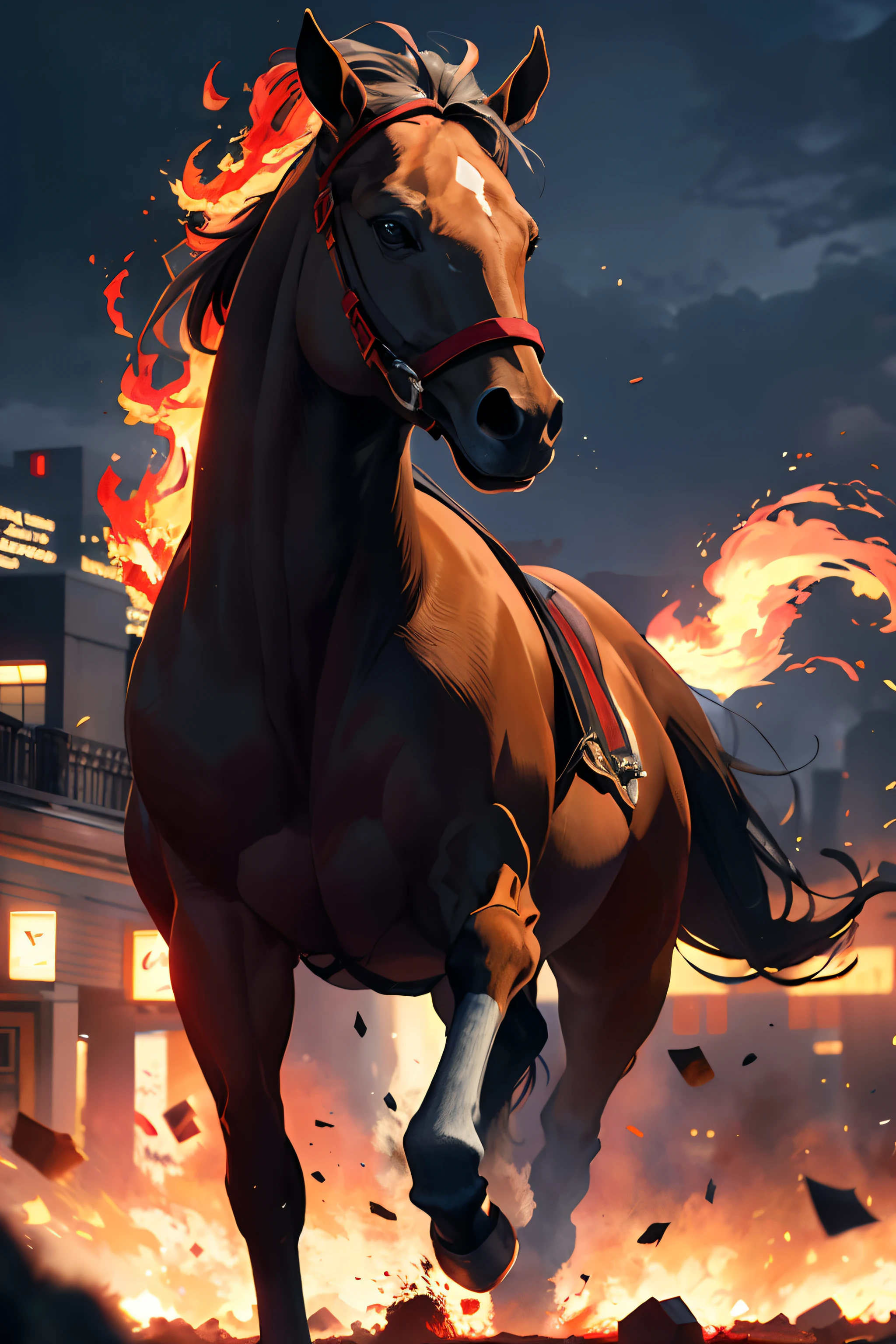 A galloping horse is on fire,(red fire:1.3), Good player,4k, high resolution, masterpiece, best quality, head:1.3,((Hasselblad Photography)), sharp focus, (movie lighting), clavicle, night, soft light, dynamic angle, [:(Detailed face:1.2):0.2], external, City,monochrome background,