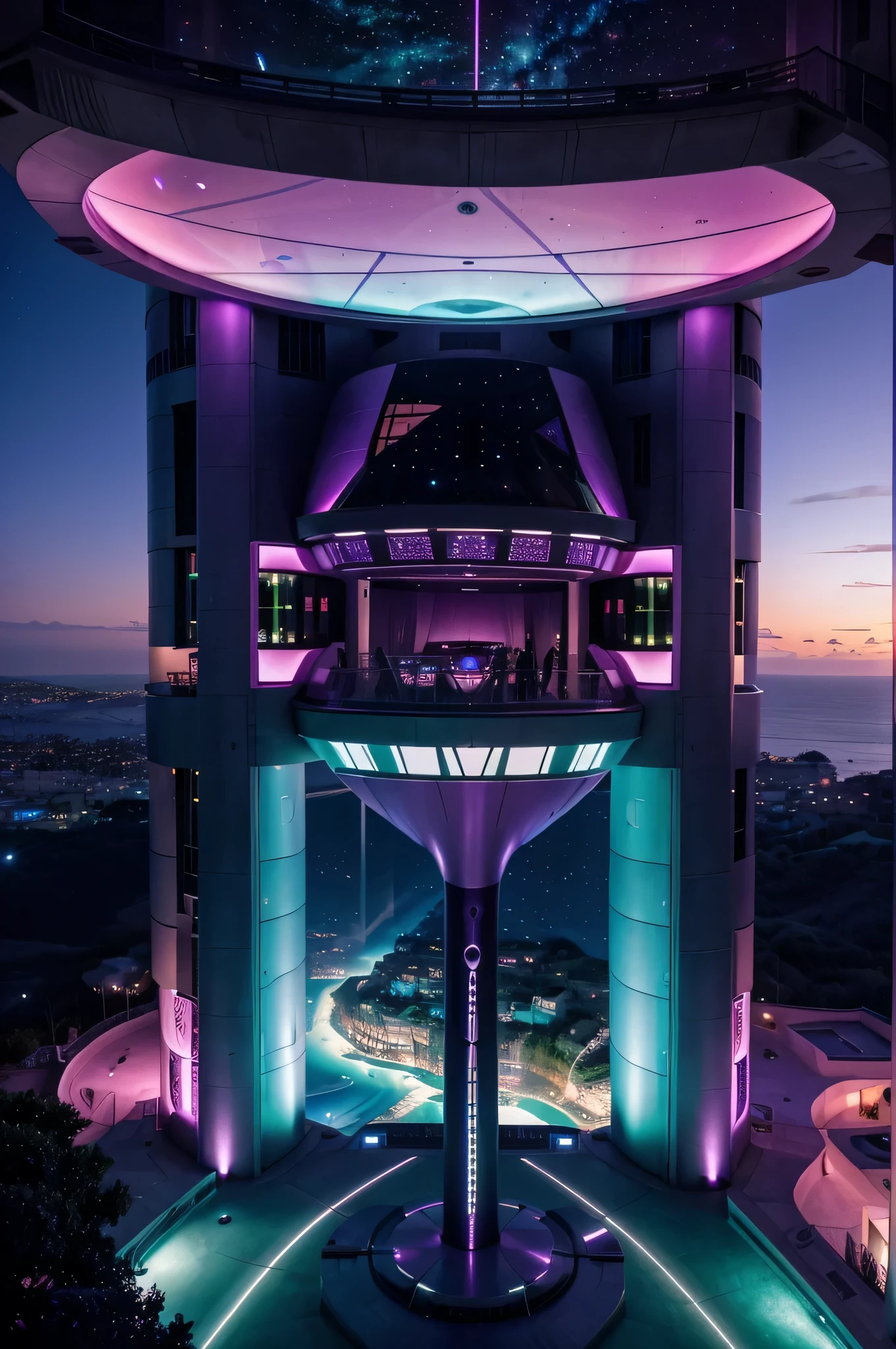 purple and green futuristic nightclub perched on the edge of a cliff on a different planet with an Mediterranean climate, bright celestial objects on the sky, pink sunset, show the unique architectural design, luxurious atmosphere and lively ambiance with futuristic technology such as holographic displays and advanced entertainment systems