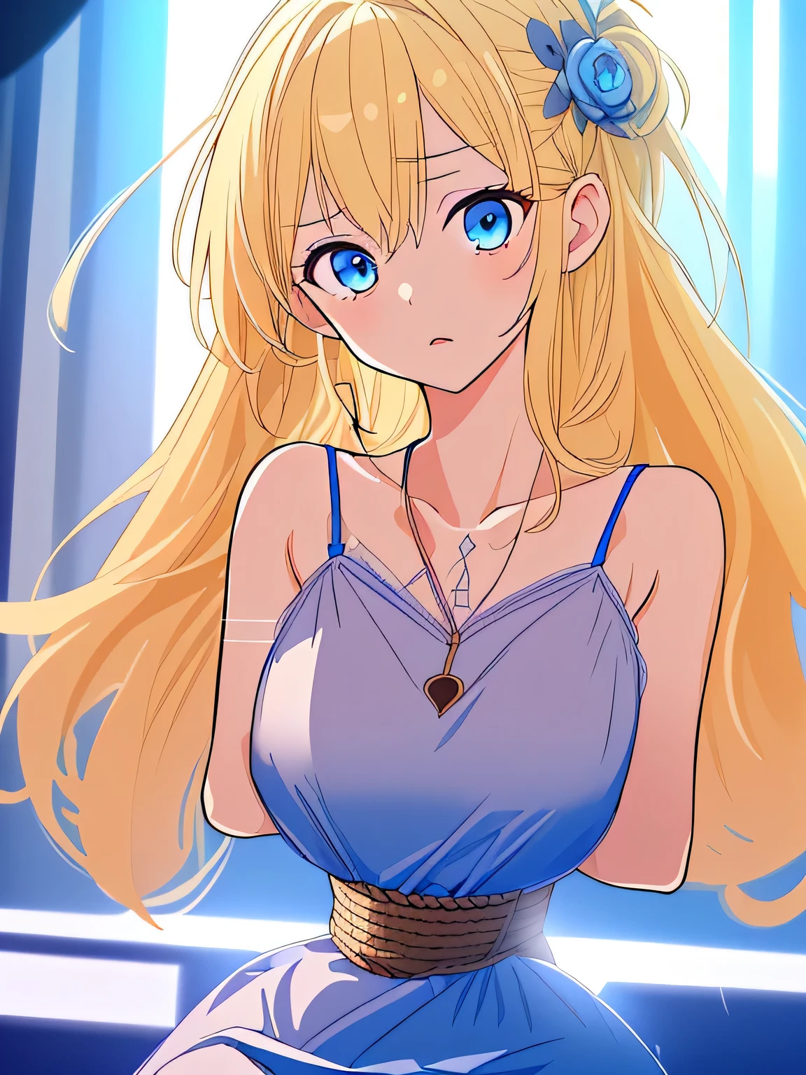 ((masterpiece)), ((highest quality)), (super detailed), torture chamber,(((Waist bound tightly with rope))),pretty girl, 1 girl, alone,sky blue tank top one piece dress,beautiful blonde hair, (beautiful blue eyes), long hair, expression of agony