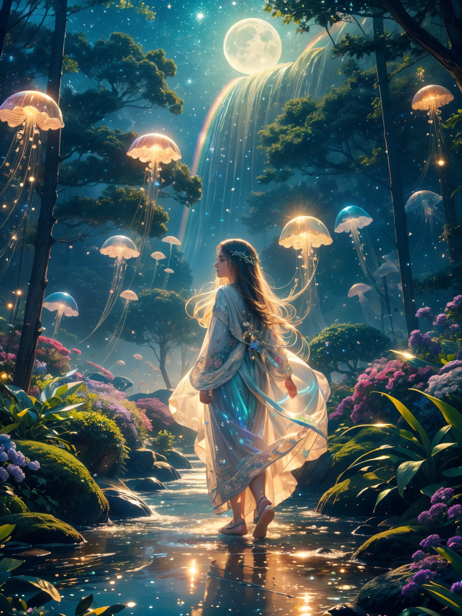 (best quality,4k,8k,highres,masterpiece:1.2),ultra-detailed,(realistic,photorealistic,photo-realistic:1.37),colorful, vibrant, illuminated scene, moonlit garden, A girl surrounded by ethereal light, long flowing hair, delicately painted face, beautiful detailed eyes, soft glowing lips, joyful expression, mesmerizing eyes, enchanting smile, playful interaction between the girl and the jellyfishes, translucent jellyfishes floating gracefully, rainbow-colored tentacles, iridescent glow, peaceful atmosphere, lush green foliage, blooming flowers, twinkling stars, gentle breeze, inviting sky, captivating moon, dreamlike setting, whimsical elements, magical ambiance, otherworldly feel, delightful energy, enchanting colors, surreal scenery.