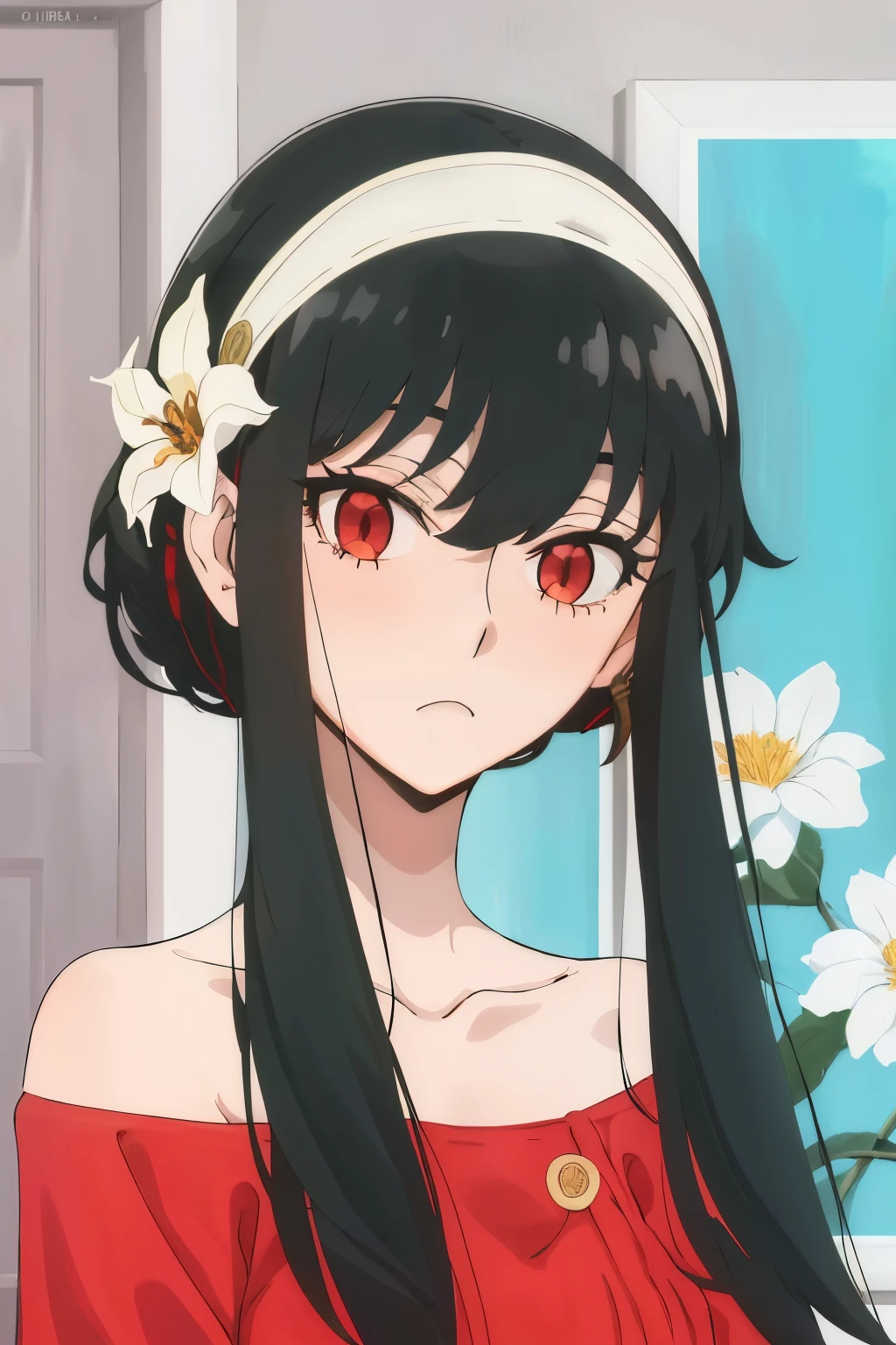 upper body, yor, 1girl, solo, off-shoulder sweater, red sweater, collarbone, black hair, red eyes, black hair, short hair, short hair with long locks, bangs, sidelocks, white hairband, looking at viewer, face cover with flower, flower