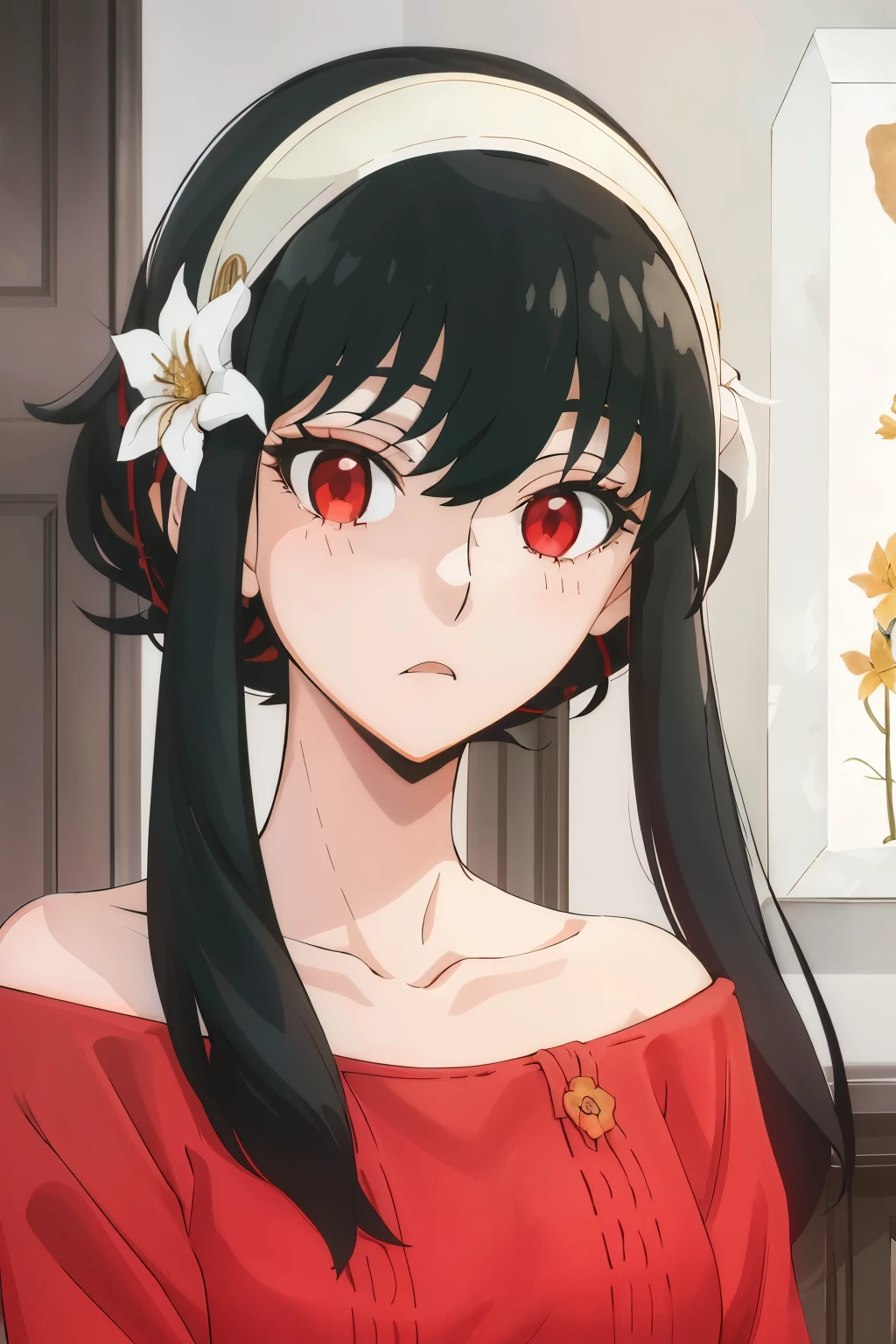 upper body, yor, 1girl, solo, off-shoulder sweater, red sweater, collarbone, black hair, red eyes, black hair, short hair, short hair with long locks, bangs, sidelocks, white hairband, looking at viewer, face cover with flower, flower