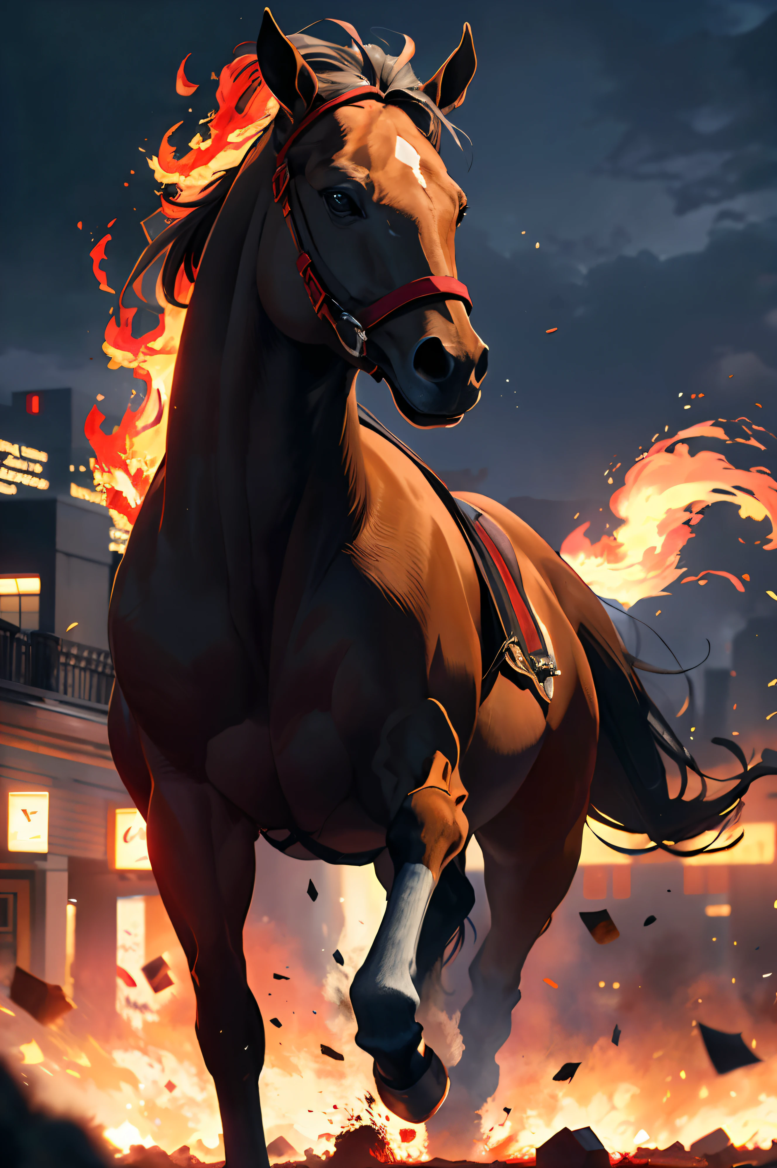 A galloping horse is on fire,(red fire:1.3), good player,4k, high resolution, masterpiece, best quality, head:1.3,((Hasselblad Photography)), sharp focus, (movie lighting), clavicle, night, soft light, dynamic angle, [:(Detailed face:1.2):0.2], External, City,monochrome background,