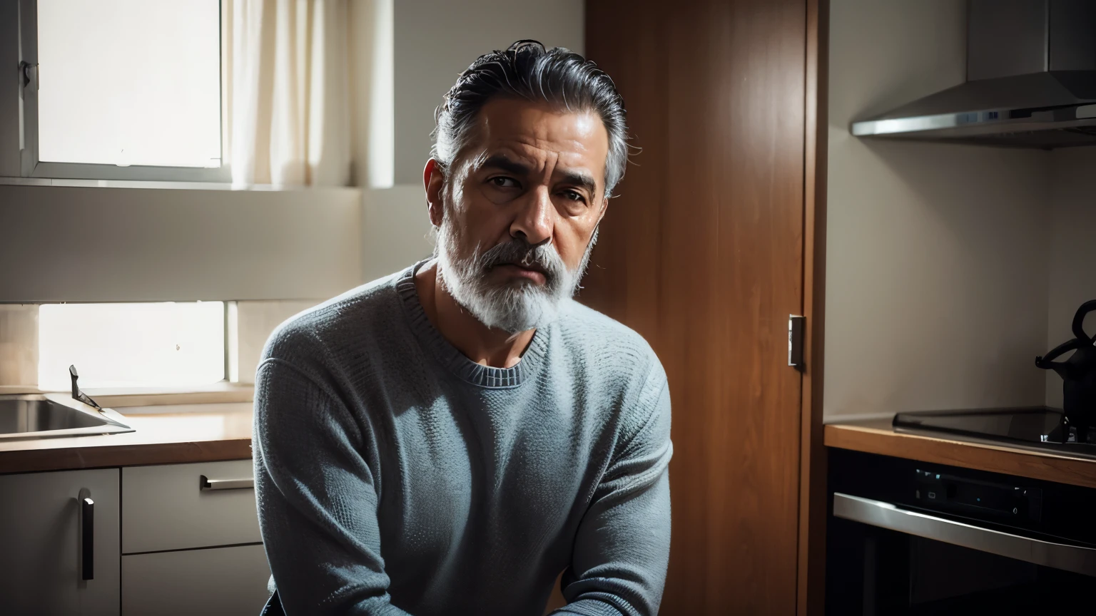 Ultra realistic portrait of a man in his 50s, called Fabián Martínez, in the kitchen of his small apartment. Fabián has a medium build, cabello corto despeinado, several days beard, y ojos llorosos. Esta llorando. Wear comfortable casual clothes, possibly a sweater. His gaze is lost, reflejando ansiedad y miedo ante el futuro incierto. Formato ancho.