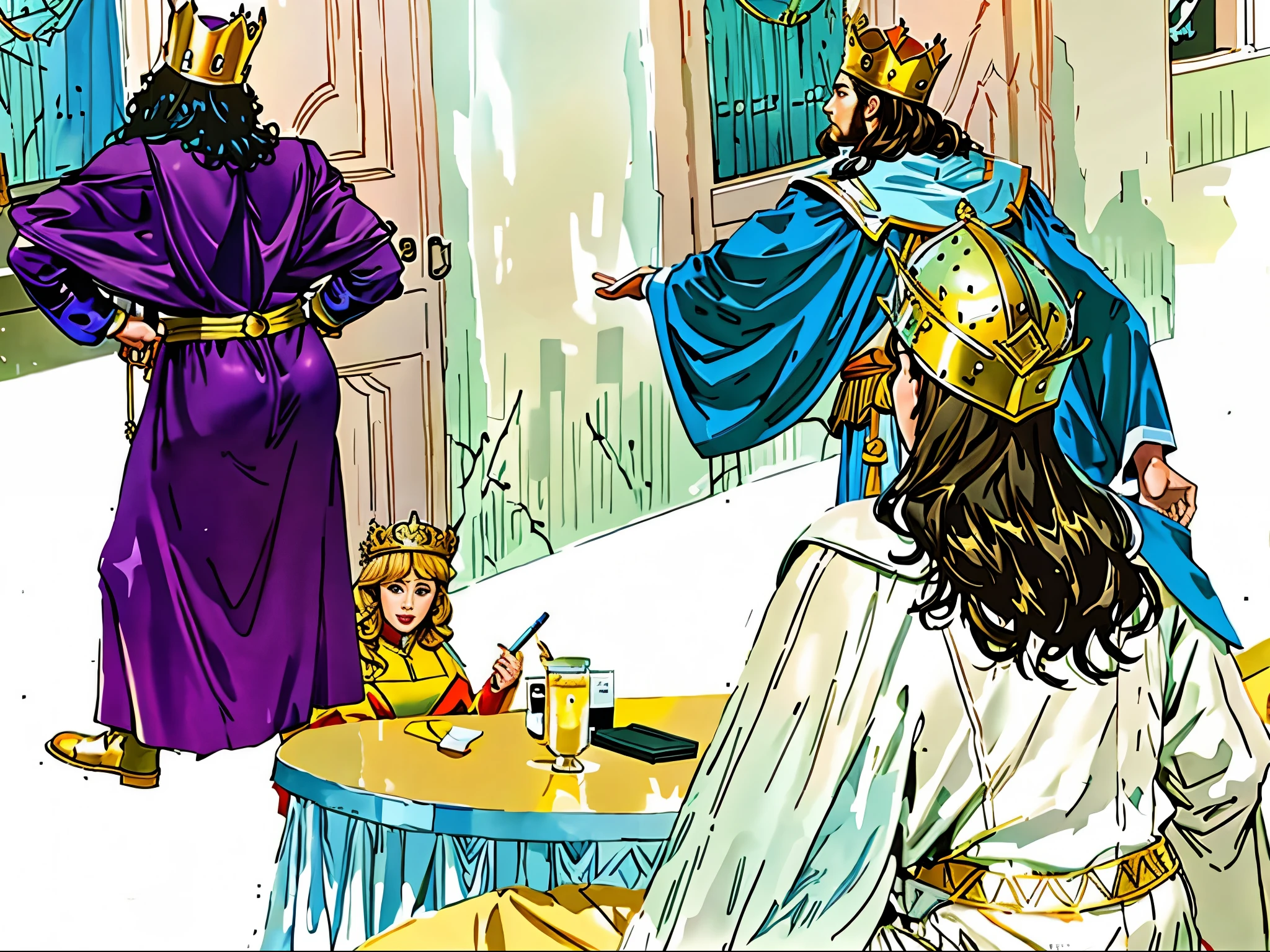 There&#39;s a king walking out a door. There's a woman sitting at a table. There's a man standing. Biblical setting. biblical style. biblical costumes. Marvel comic book style.