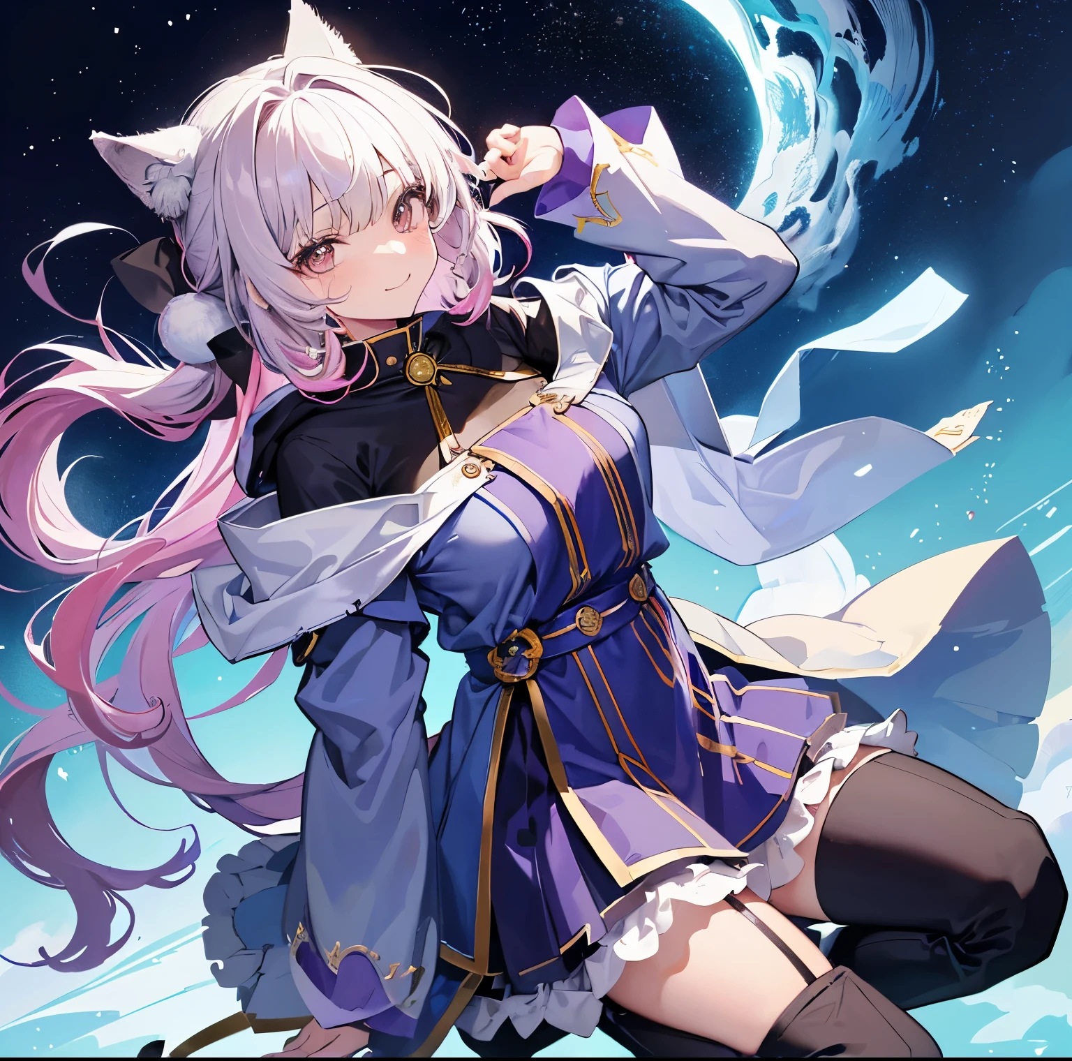 ((Big wolfの上に座る少女))、Big wolf、長いmagicの杖を持つ、fantasy world、magic、Low side ponytail、upward glance、tilt one's head、cute smile、boots、cloak-like jumper、fantasy design clothes