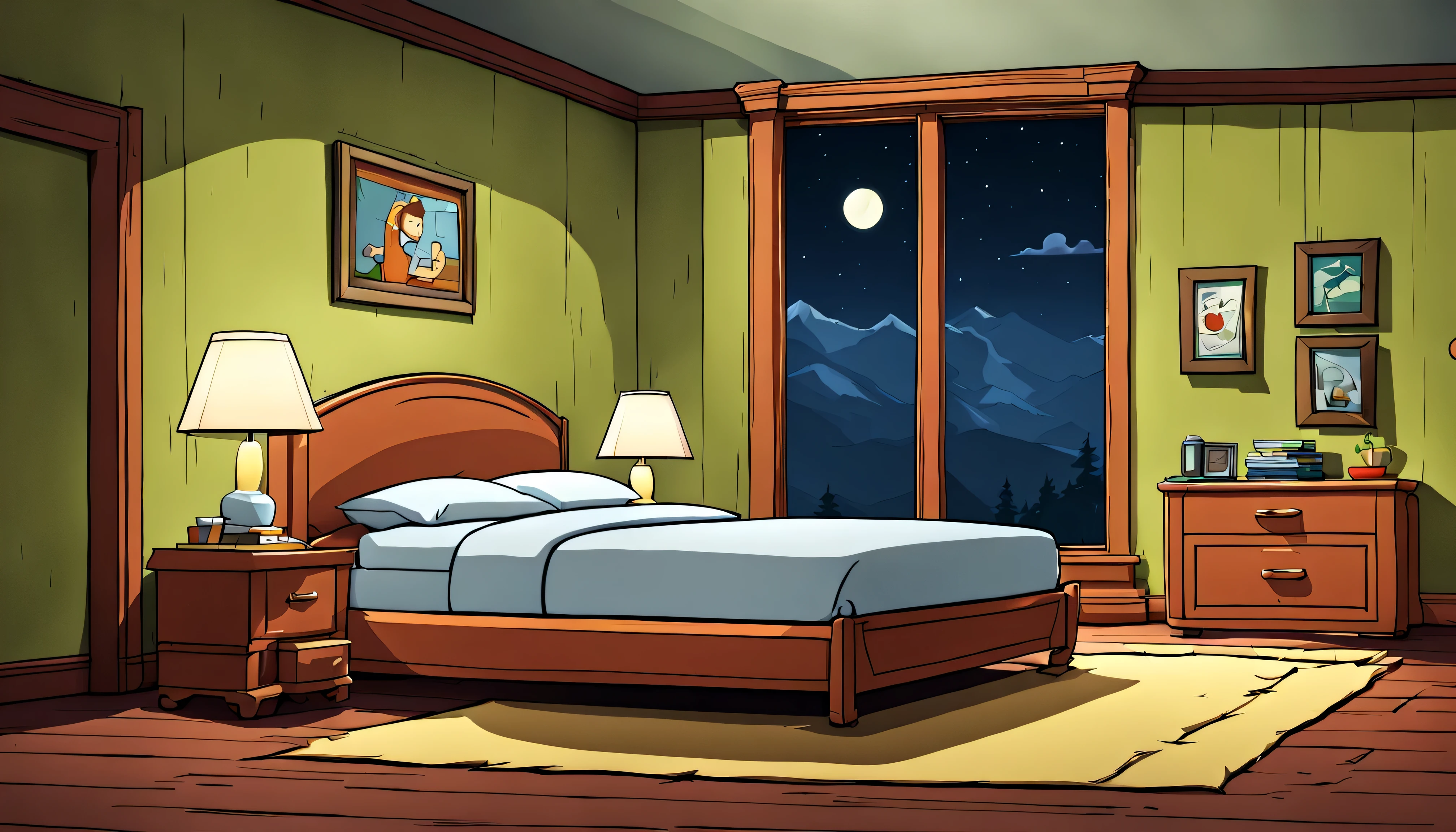 A cartoon medalist BED room AT NIGHT , in THE FAMILY GUY style, minimalist, wide angle, SIDE view, elevation