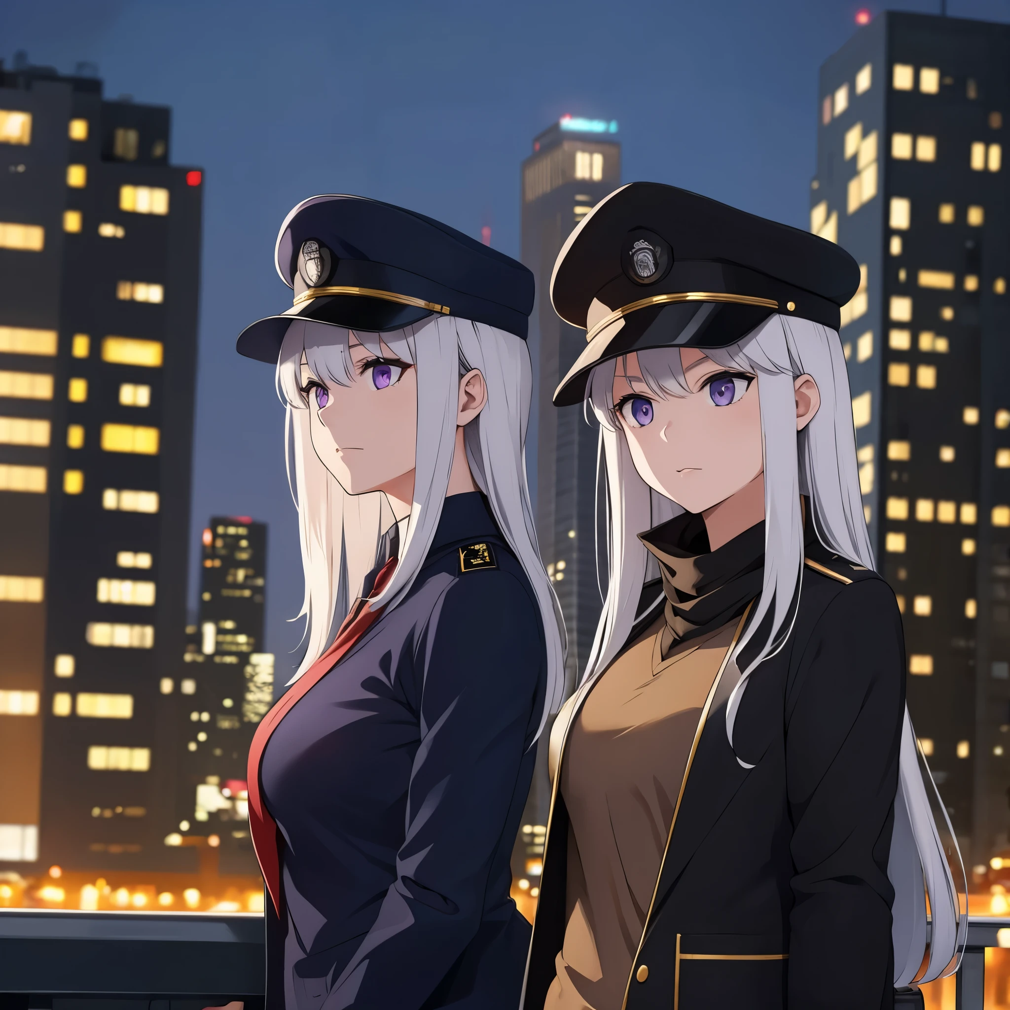 a woman wearing casual clothes in a city at night, silver hair, purple eyes,wearing military hat silver

