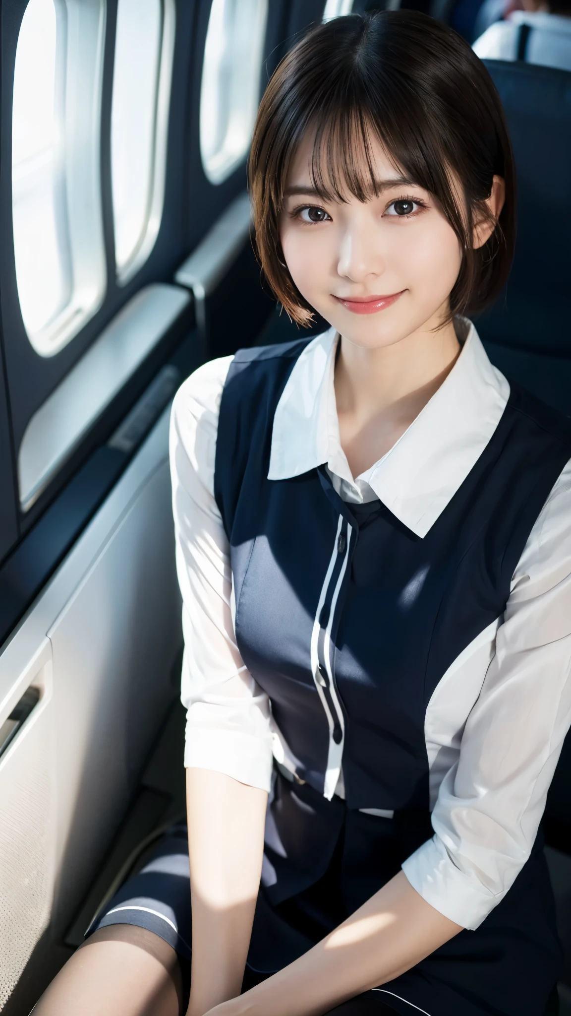 (highest quality,masterpiece:1.3,ultra high resolution),(Super detailed,caustics,8k),(photorealistic:1.4,RAW shooting),25 years old,Japanese,cute,stewardess uniform,black short hair,tights,smile and look down at the camera,(big ),Are standing,inside the plane,(low position),(Low - Angle),(face focus),Natural light